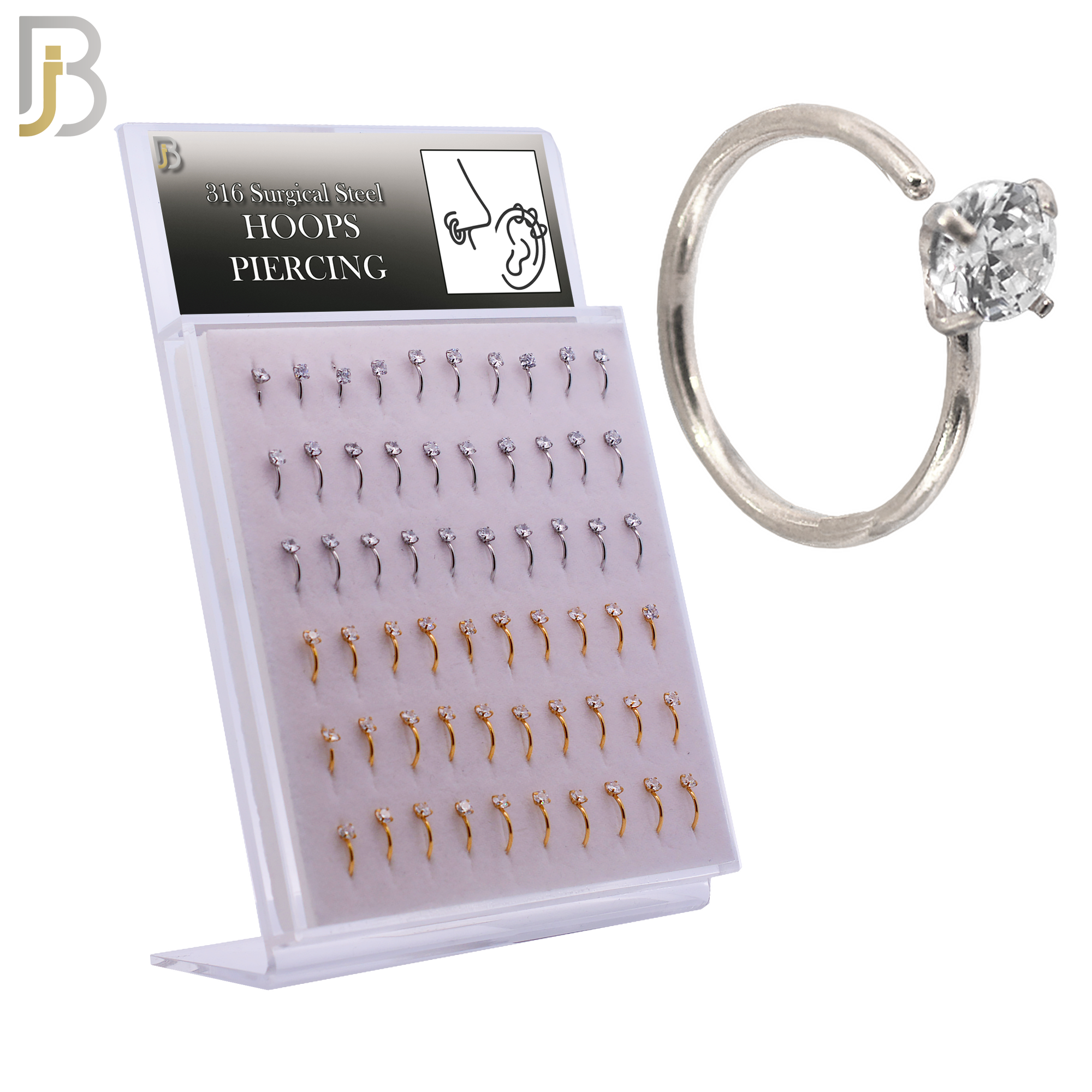 PK-CT107 - 316 Surgical Steel Single CZ in Prong Setting Nose Hoop - Pack of 60 pcs image 0