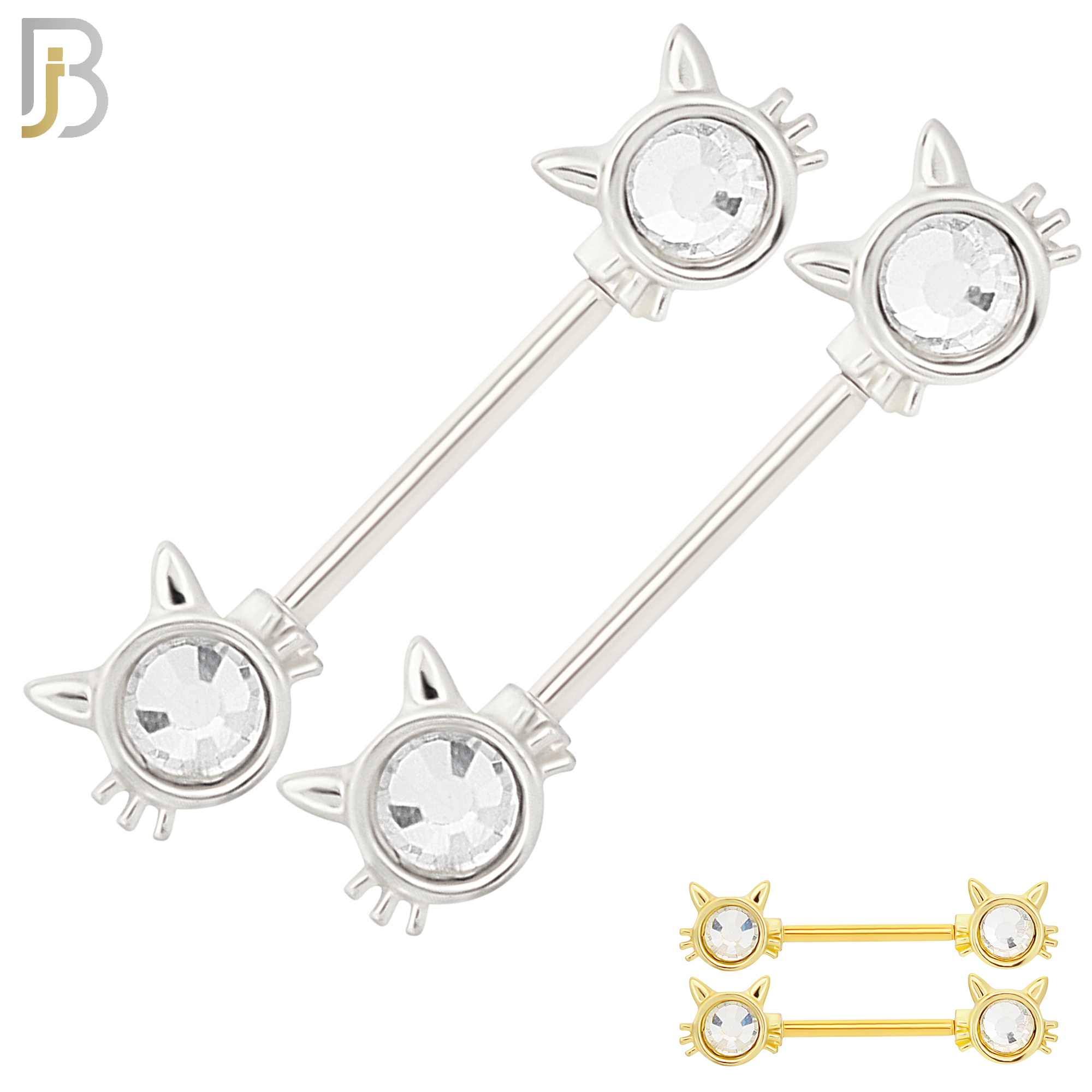 NP28 - 316L Surgical Steel Screw Cat Design with Zircon Nipple Ring Piercing  Pair image 0