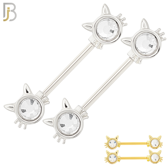 NP28 - 316L Surgical Steel Screw Cat Design with Zircon Nipple Ring Piercing  Pair image 0