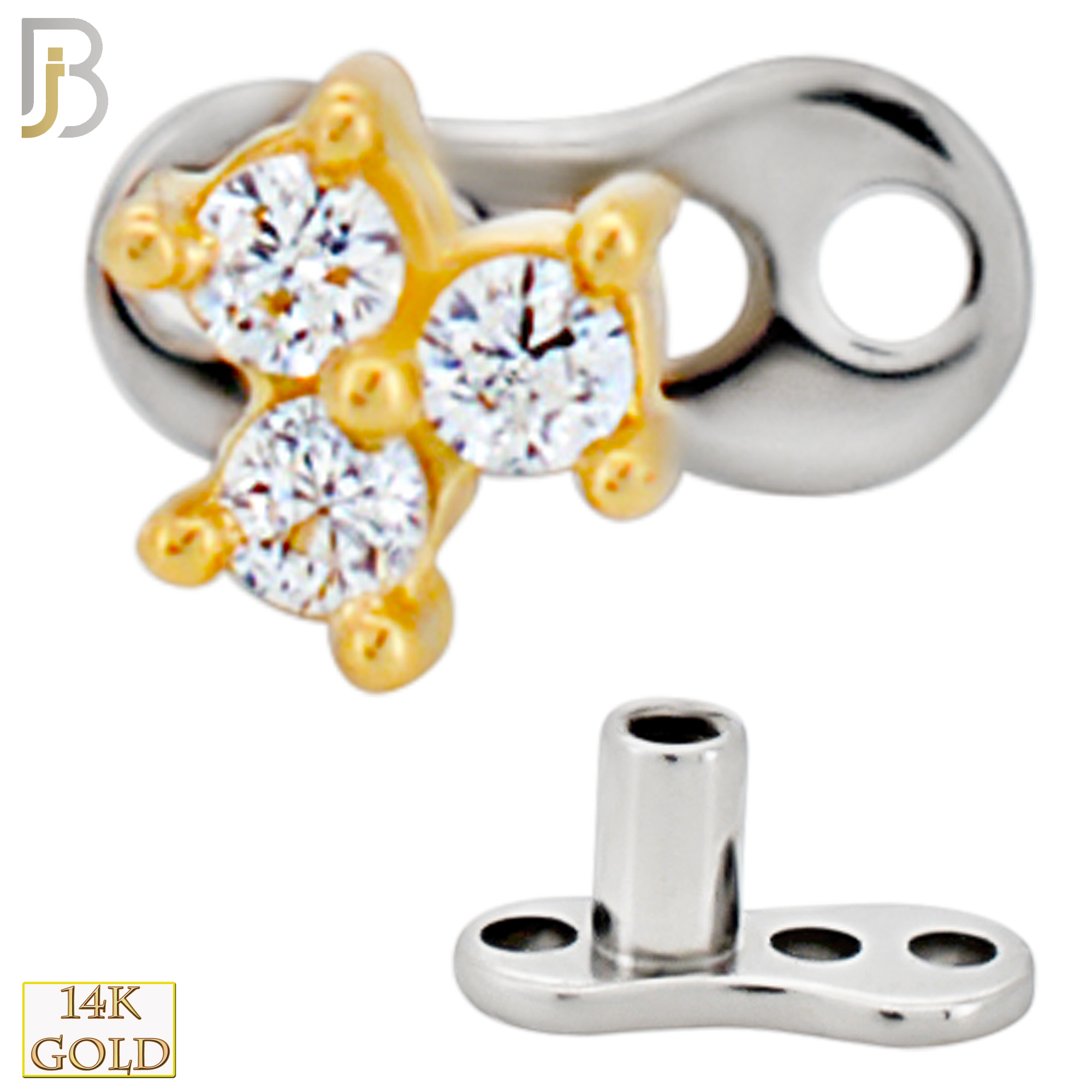 14-G23-DM17 - 14k Titanium Anchor and 14k Gold Top Three CZ in Prong Setting Dermal - Internally Threaded image 2