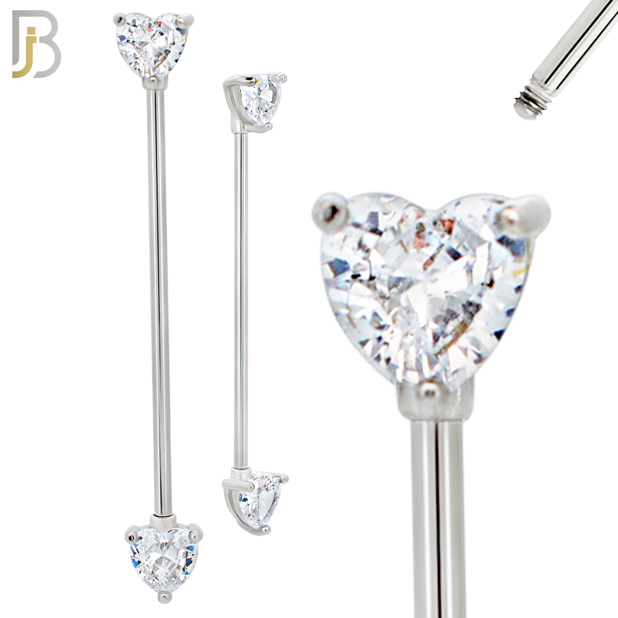 PK-BB60S - 316L Surgical Steel Heart Shaped CZ in Prong Set Industrial Barbell Pack of 16 pcs image 1