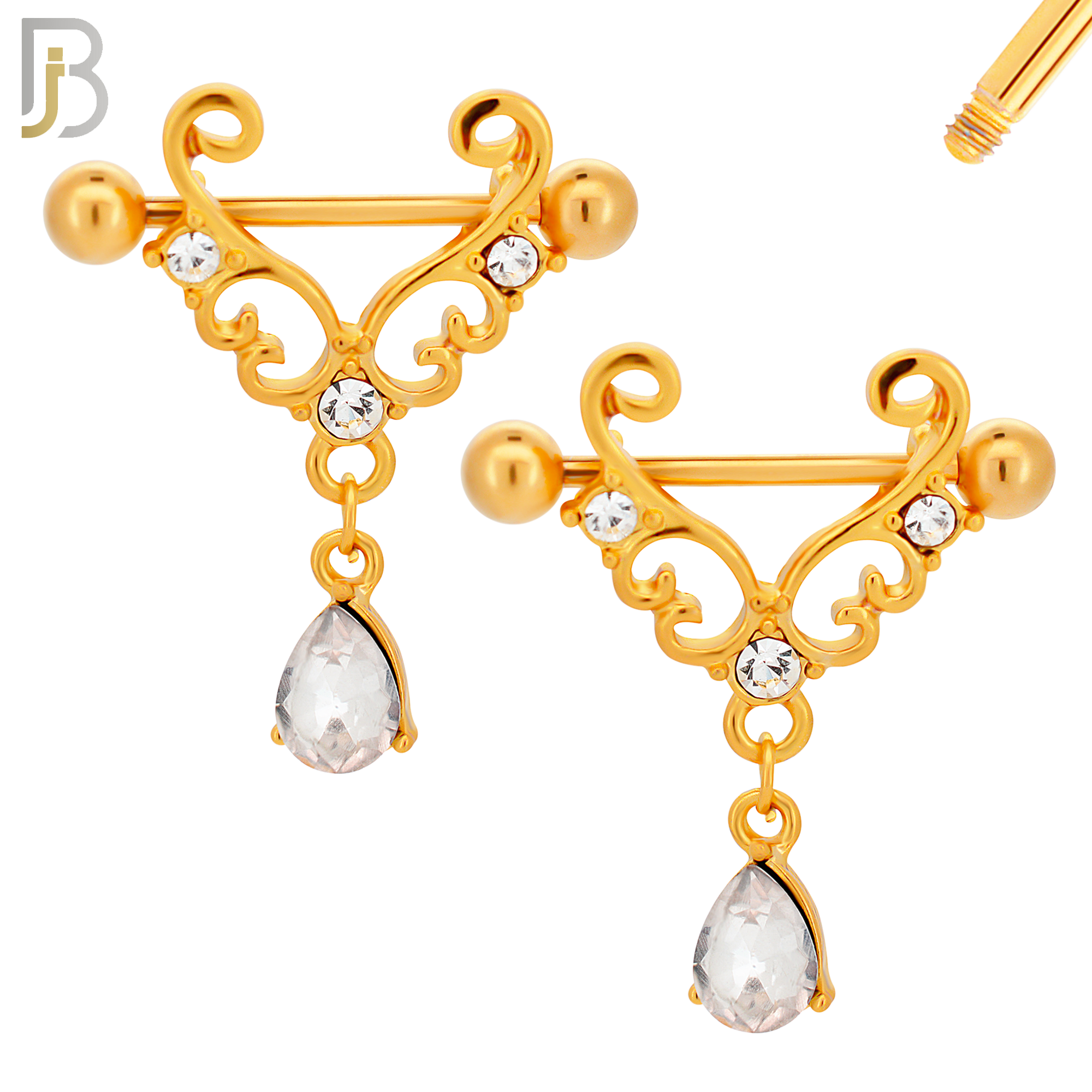 NP40 - 316L Surgical Steel Screw Shield Barbell with Alloy Tribal with Teardrop Dangling CZ Design Pair image 3