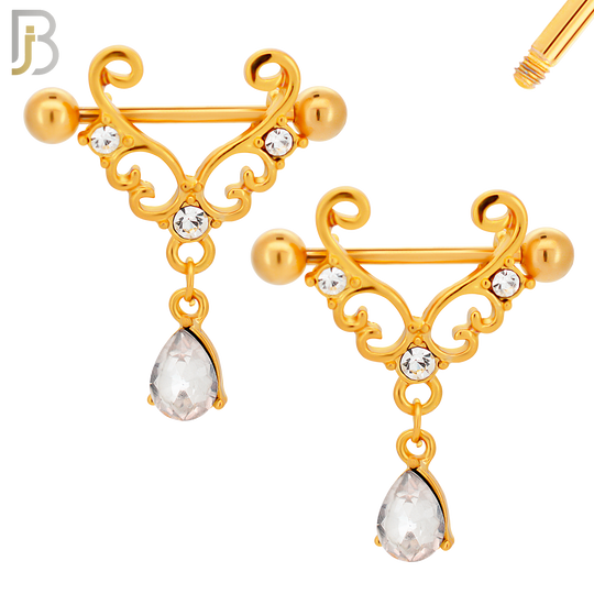 NP40 - 316L Surgical Steel Screw Shield Barbell with Alloy Tribal with Teardrop Dangling CZ Design Pair image 3