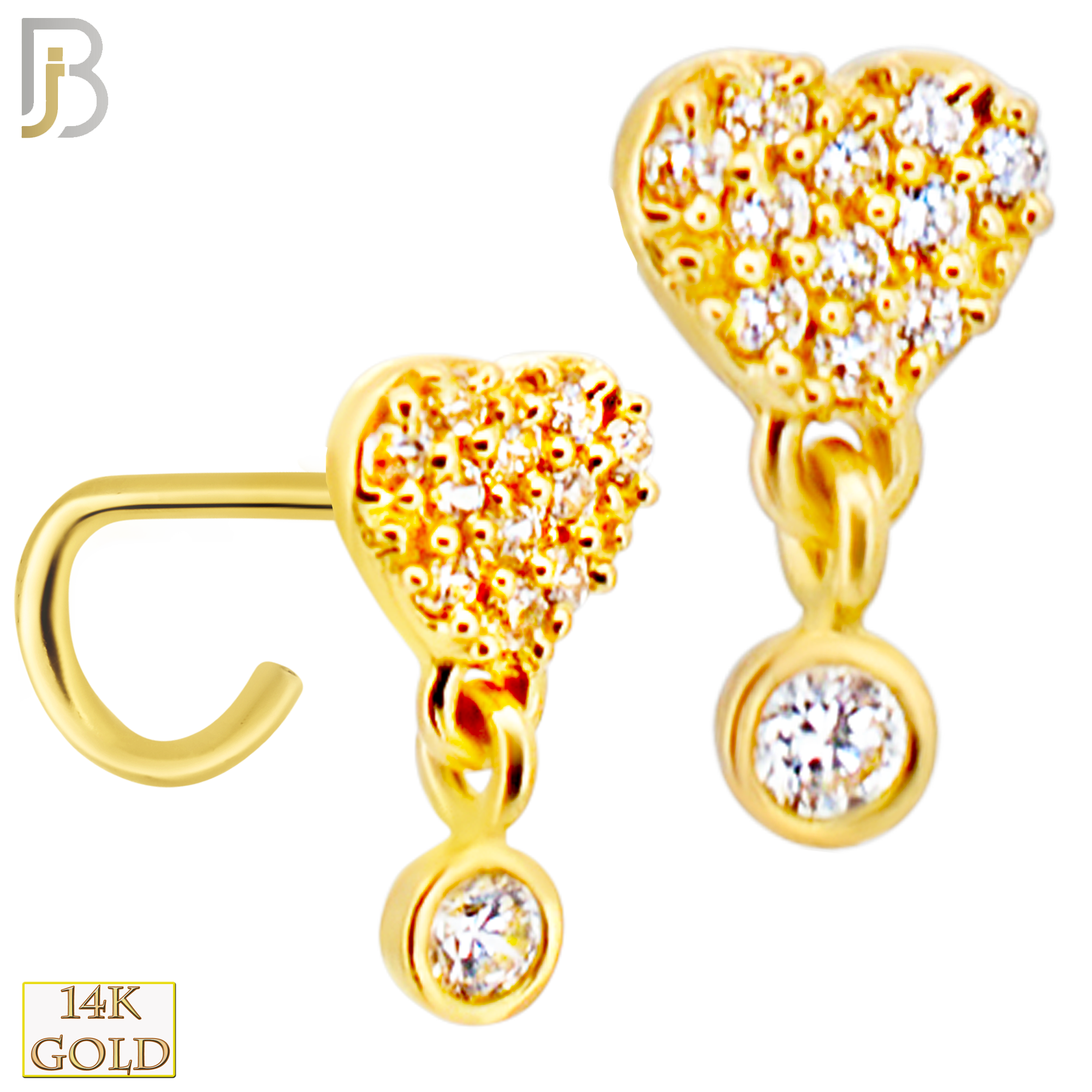 14-NR109C- 14k Yellow Gold CZ Studded Heart with  Dangling Round CZ in Bezel Setting Nose Screw - Yellow Gold image