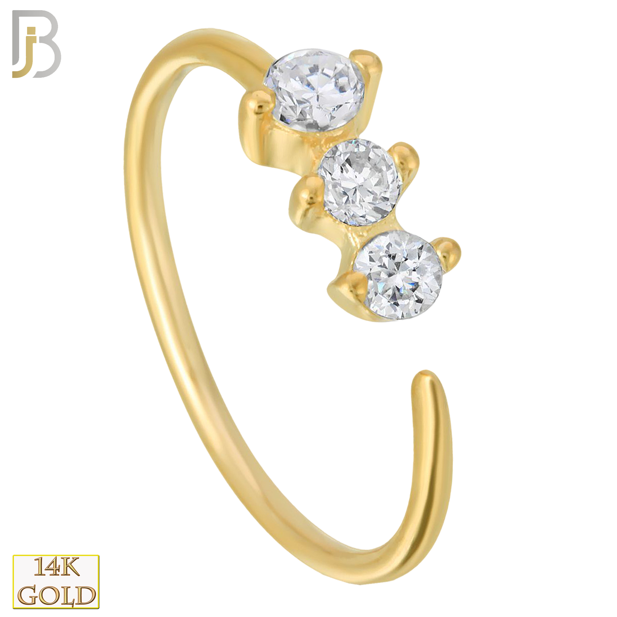 14-CT05C - 14k Solid Gold Prong Setting 3 Zircon Hoops Piercing Twist top Open image 0