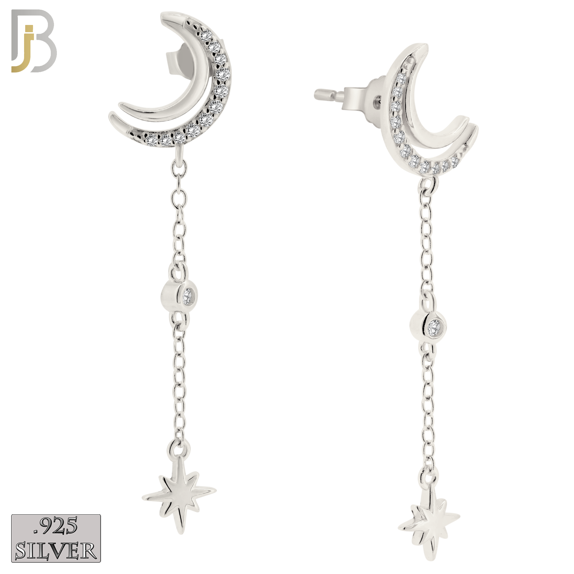 925-ES390 - .925 Sterling Silver Moon with Dangling Starburst Drop image 0