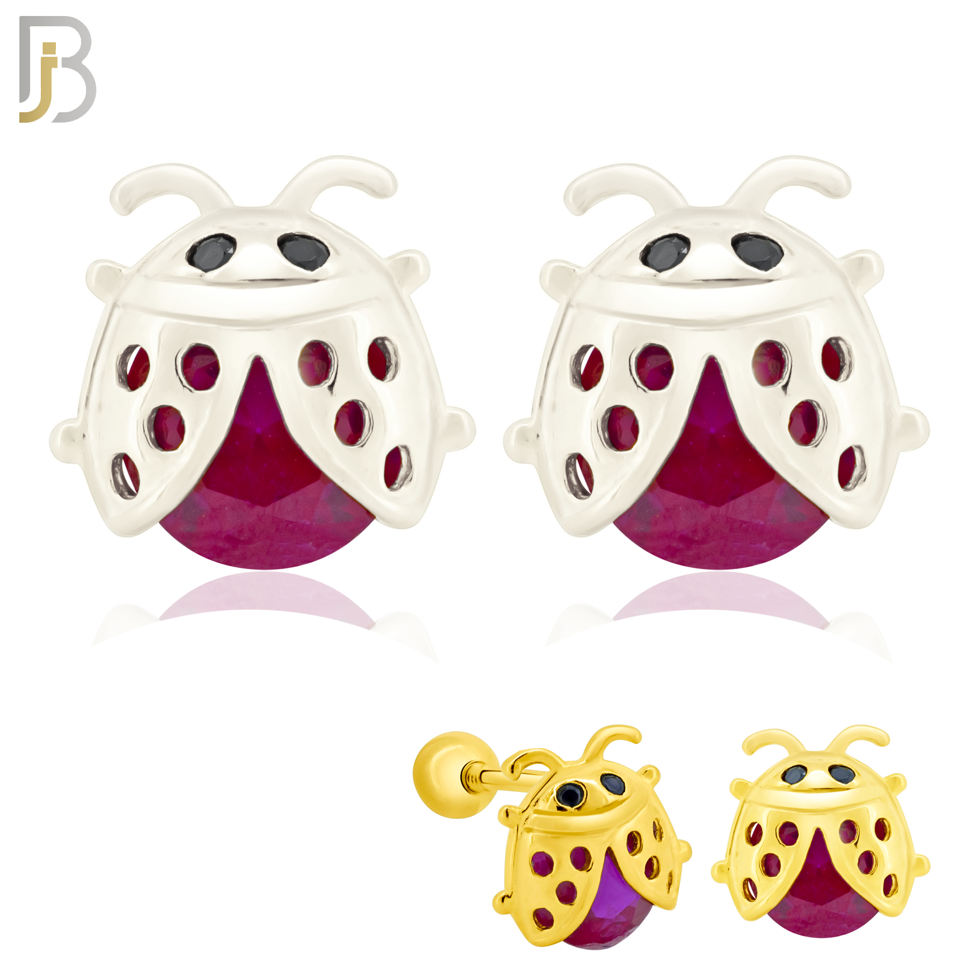 925-ES198 - Screw Ball Back - .925 Sterling Silver Lady Bug Design Earring Stud with Fuchsia Zircon image 0