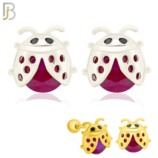 925-ES198 - Screw Ball Back - .925 Sterling Silver Lady Bug Design Earring Stud with Fuchsia Zircon image 0