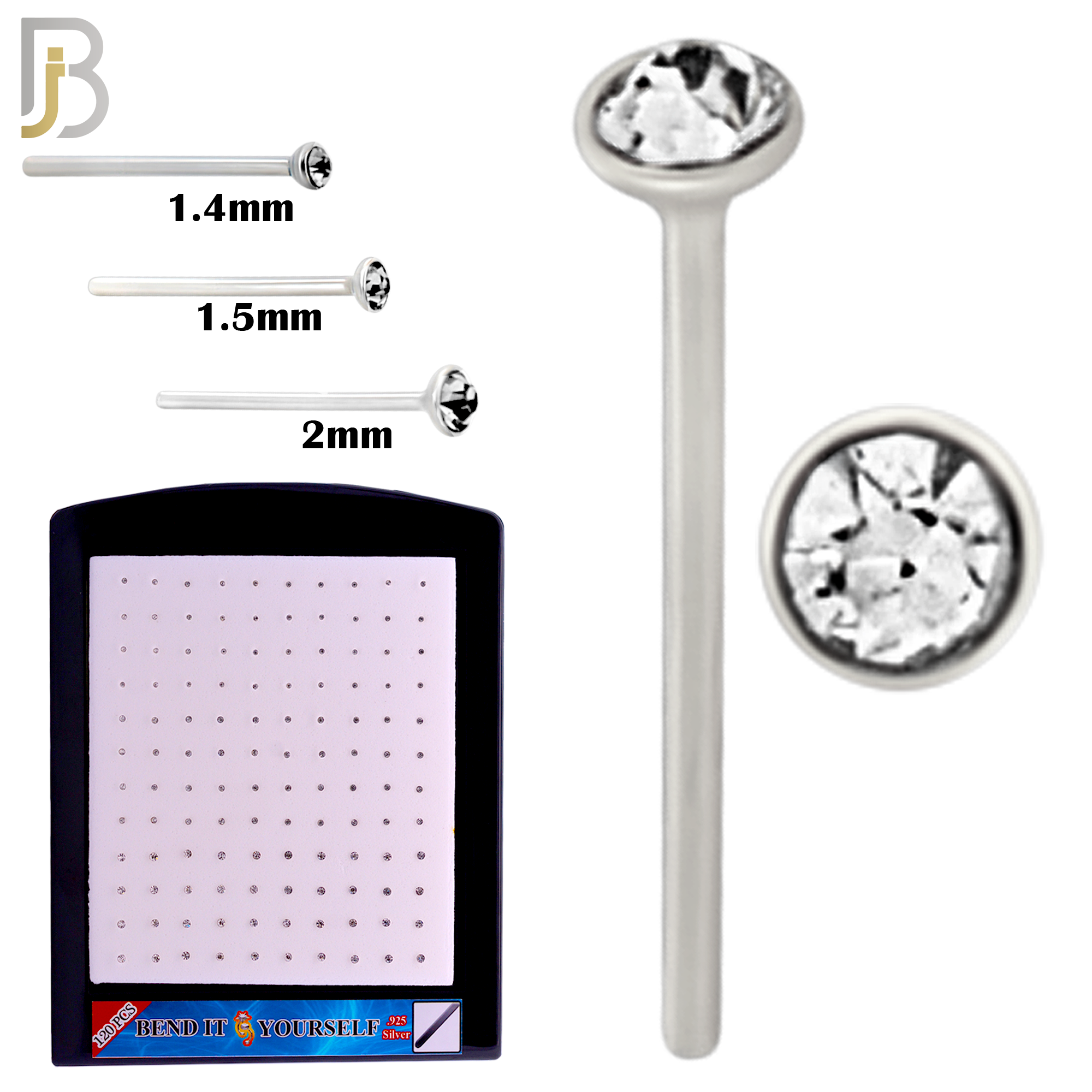 925-PK-NR05S-3C - Mixed of 1.4mm, 1.5mm, 2mm Clear CZ 22g Thick, 925 Sterling Silver Bend It Yourself Nose Studs, Press Fit Packages Pack of 120. image 1