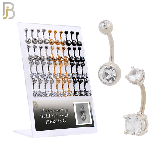 PK-NB01M - 316L Surgical Steel / Gold Plated / Black Plated Screw Bezel / Prong Setting Zircon Ball Banana Belly Ring Pack of 40 image 0