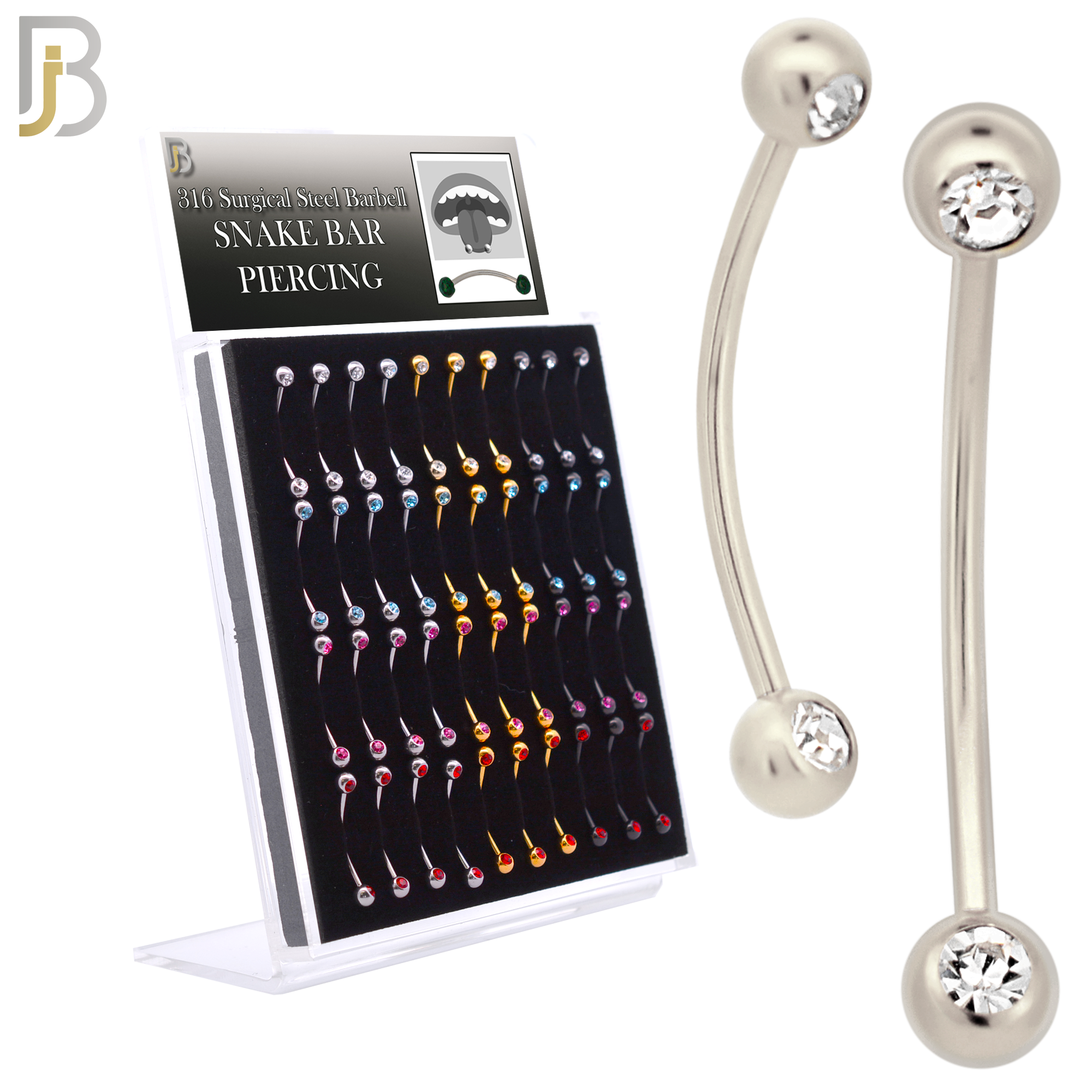 PK-EC11MA16 - 316L Surgical Steel Snake Bar Curved Barbell External Threaded Ball with Assorted Color CZ (Pack of 40) image 0