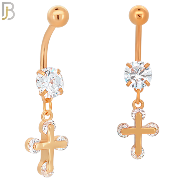 N035 - 316L Stainless Steel Dangling Cross with Zircon Design Belly Ring with 5mm Screw Ball image 2