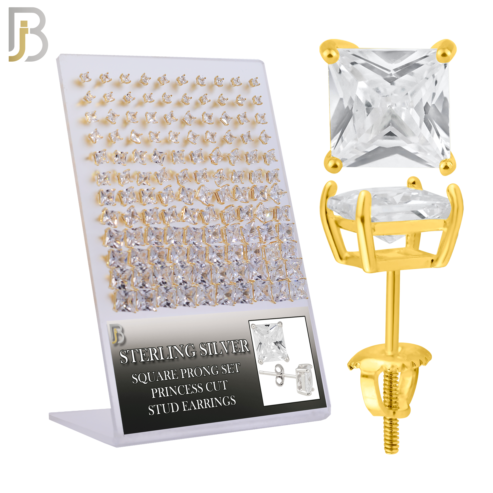 925-PK-ES80R-GC - 925 Sterling Silver Gold Plated Screw Back Earring Stud Casting Square Prong Setting Clear Zircon Pack of 120 image 0