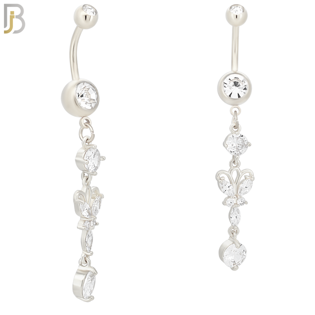 N068 - 316L Stainless Steel Dangling Butterfly with Round Prong Zircon Design Belly Ring with 5mm Screw Ball image 1