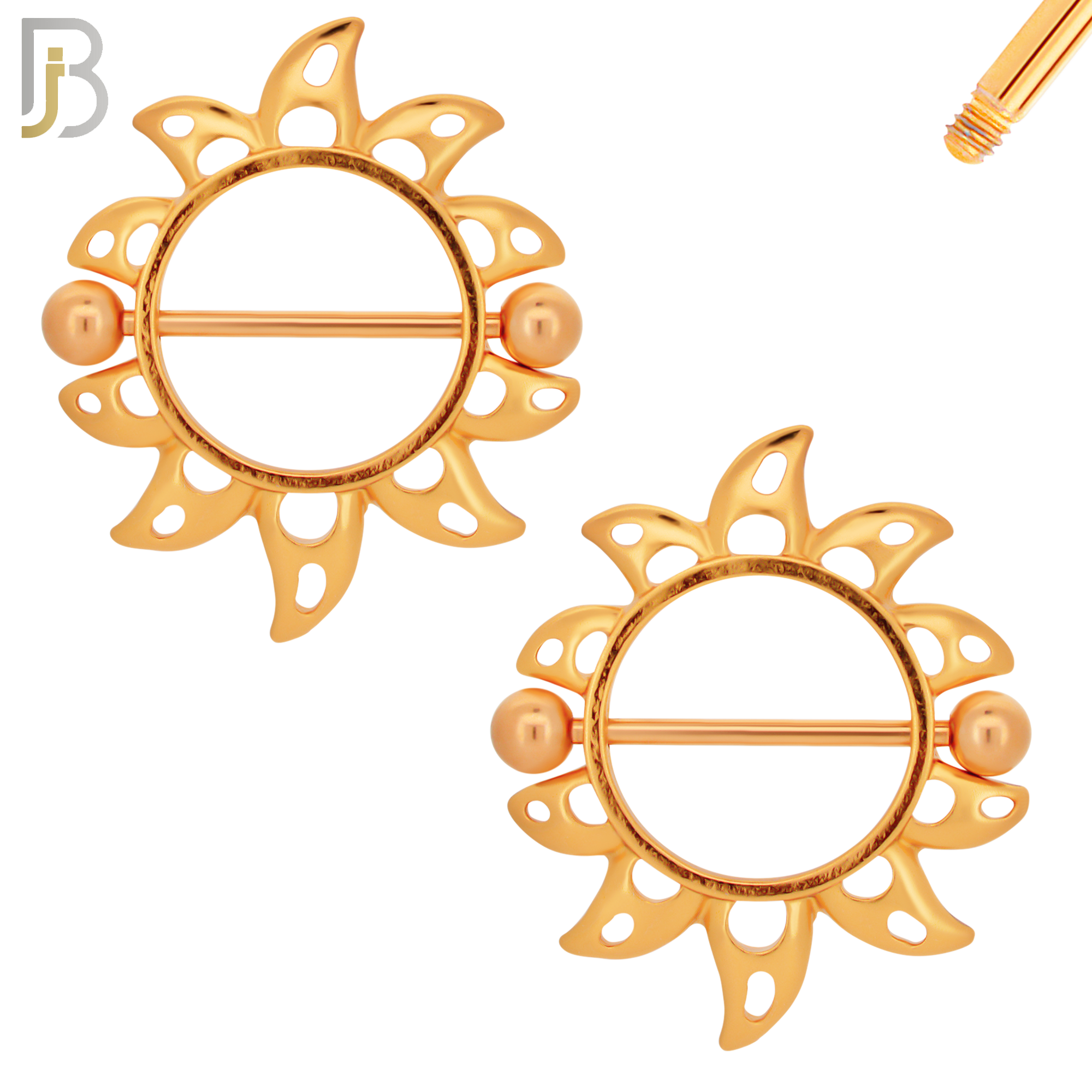 NP38 - 316L Surgical Steel Screw Shield Barbell with Alloy Sun Design Pair image 3