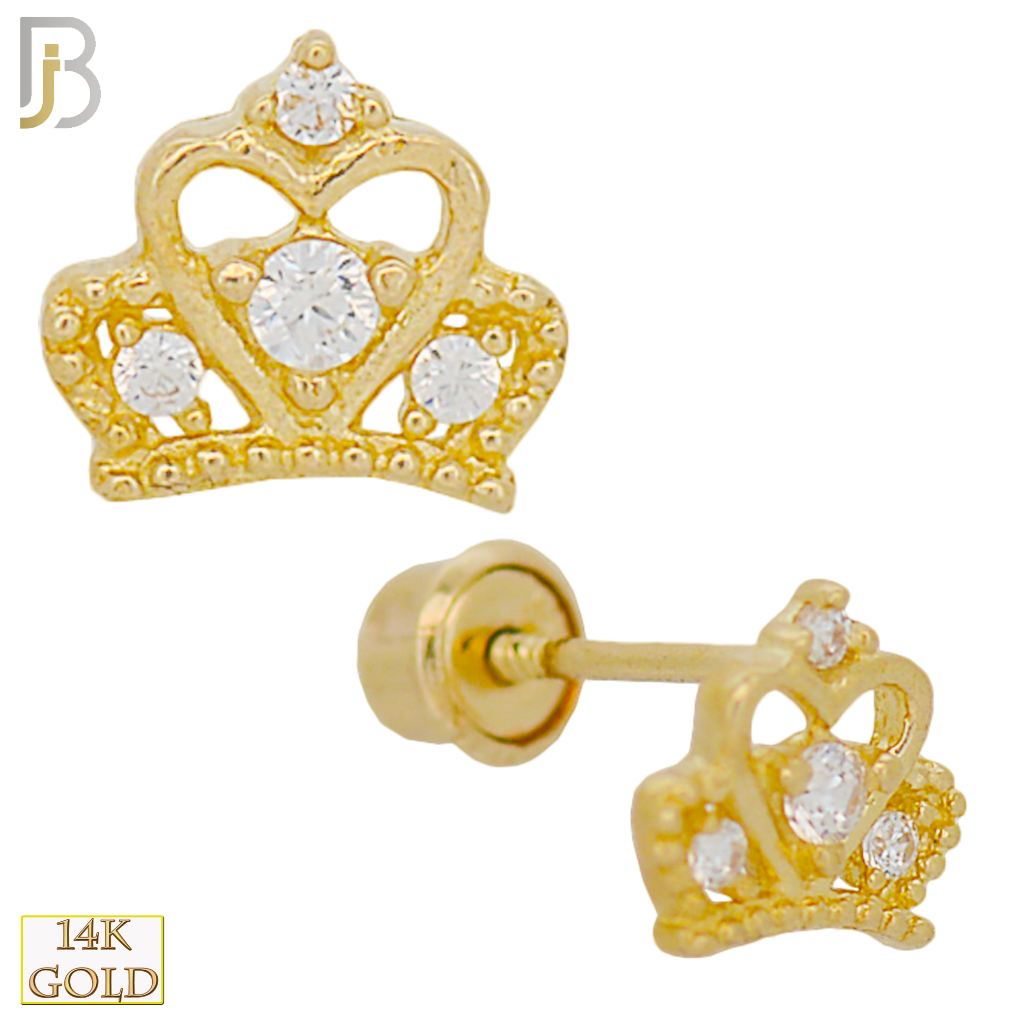 14-ES99 - 14k Solid Gold Screw Back Earring Hollow Heart Crown with CZ - Yellow Gold image