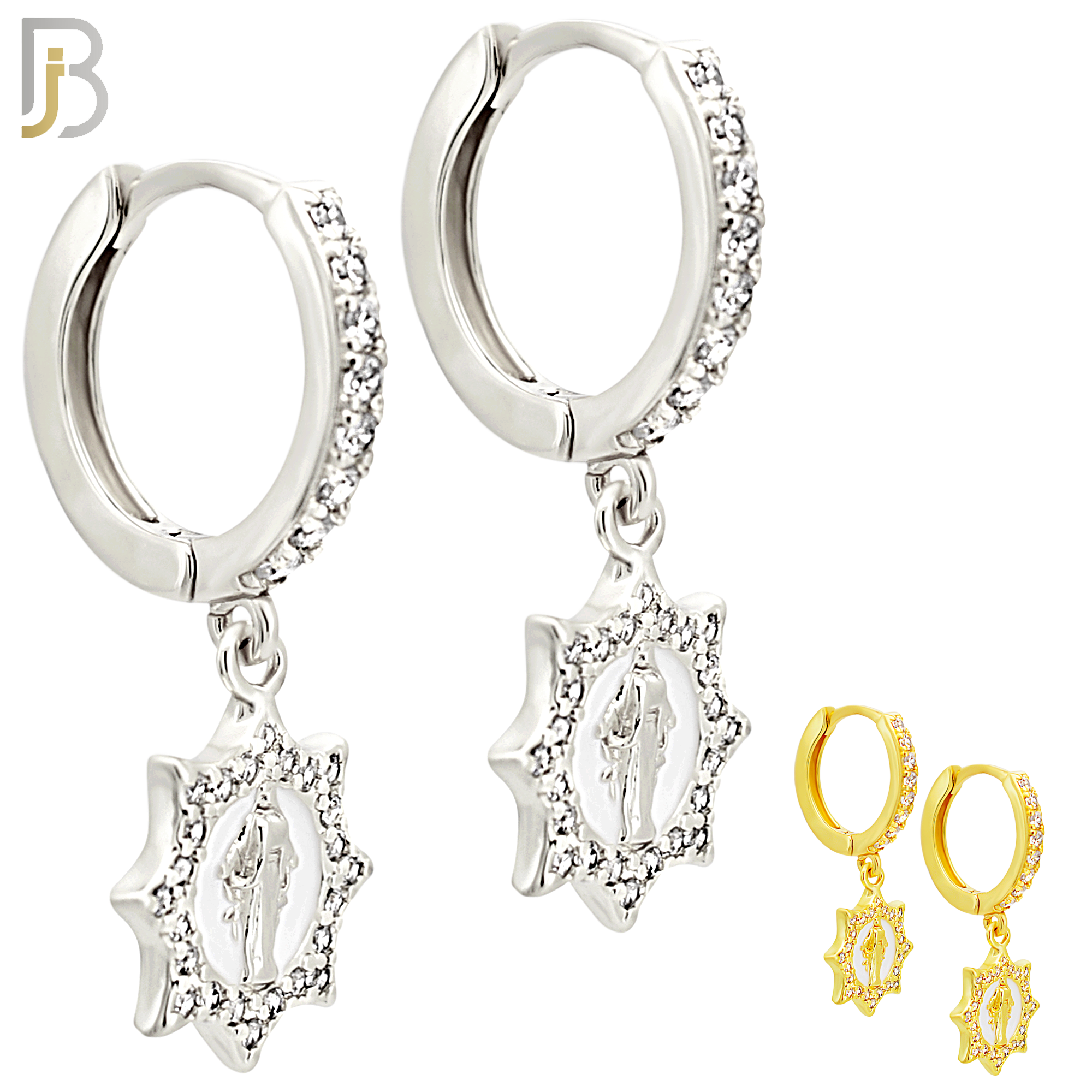 ES492 - 316L Stainless Steel Dangling Virgin Mary With Sun Halo Multi CZ Huggies Earrings image 0