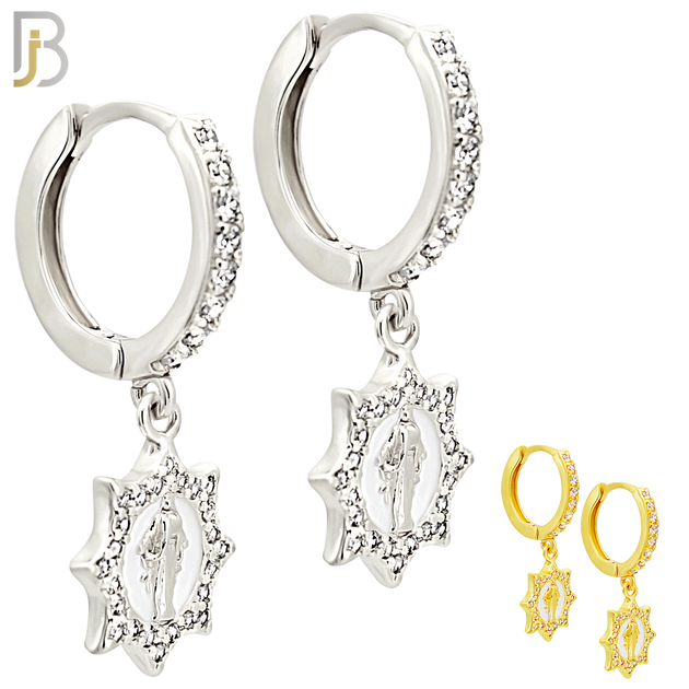 ES492 - 316L Stainless Steel Dangling Virgin Mary With Sun Halo Multi CZ Huggies Earrings image 0