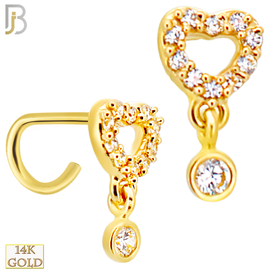 14-NR108C- 14k Yellow Gold Hollow Heart with CZ and  Dangling Round CZ in Bezel Setting Nose Screw image 0