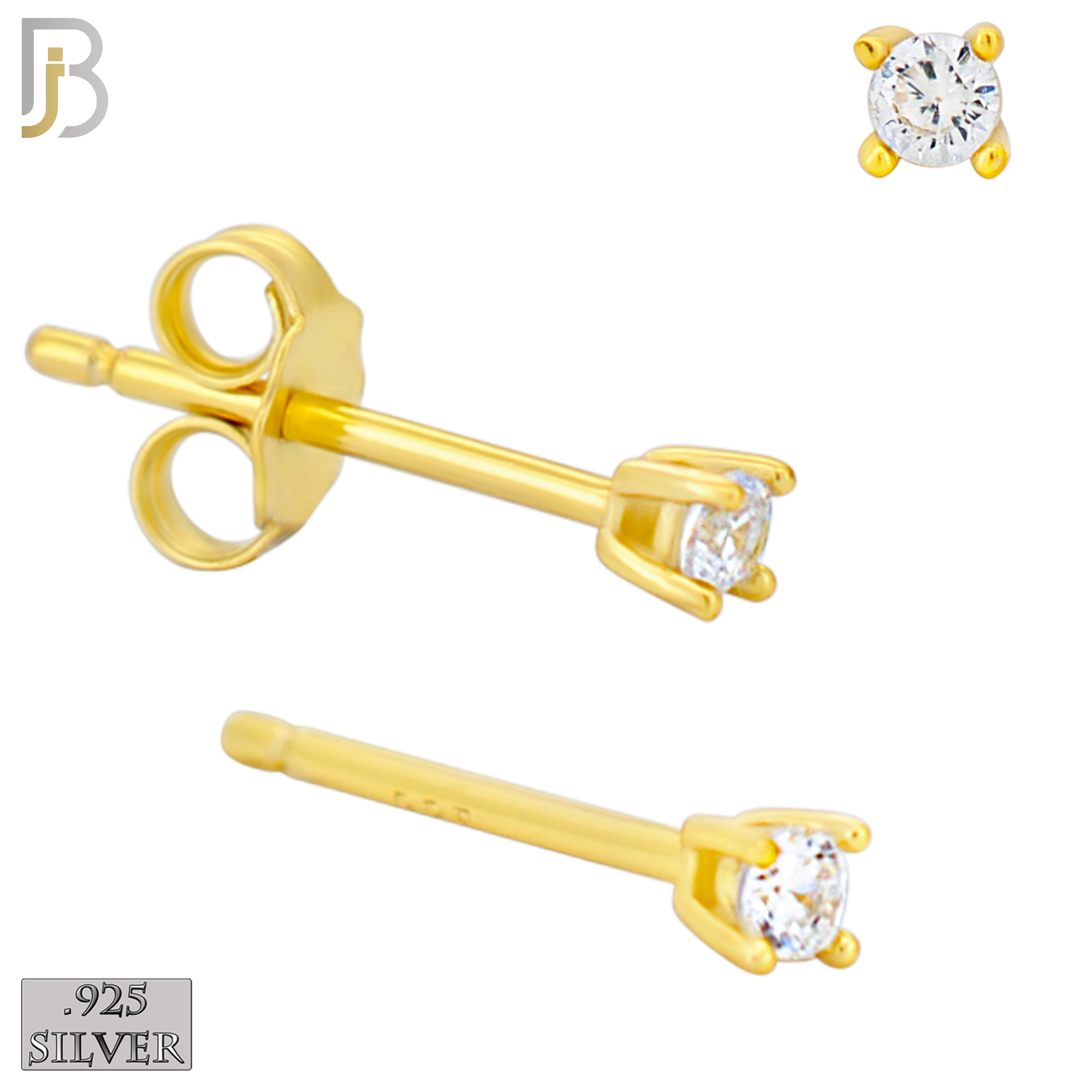 925-ES71-GC - .925 Sterling Silver Gold Plated Earring Stud Casting Round Prong Setting Clear Zircon - 2mm image