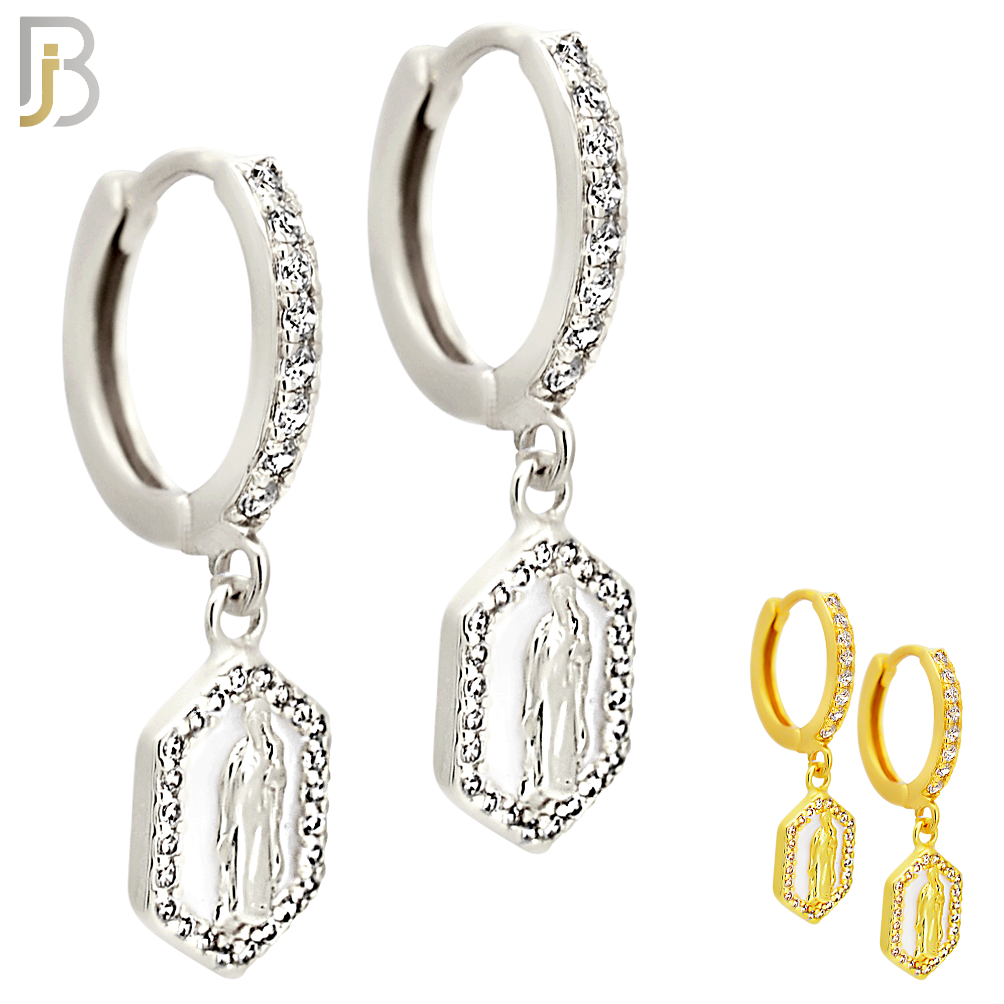 ES500 - 316L Stainless Steel Dangling Hexagon Virgin Mary Huggies Earrings image 0