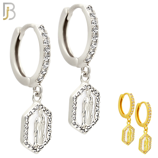 ES500 - 316L Stainless Steel Dangling Hexagon Virgin Mary Huggies Earrings image 0