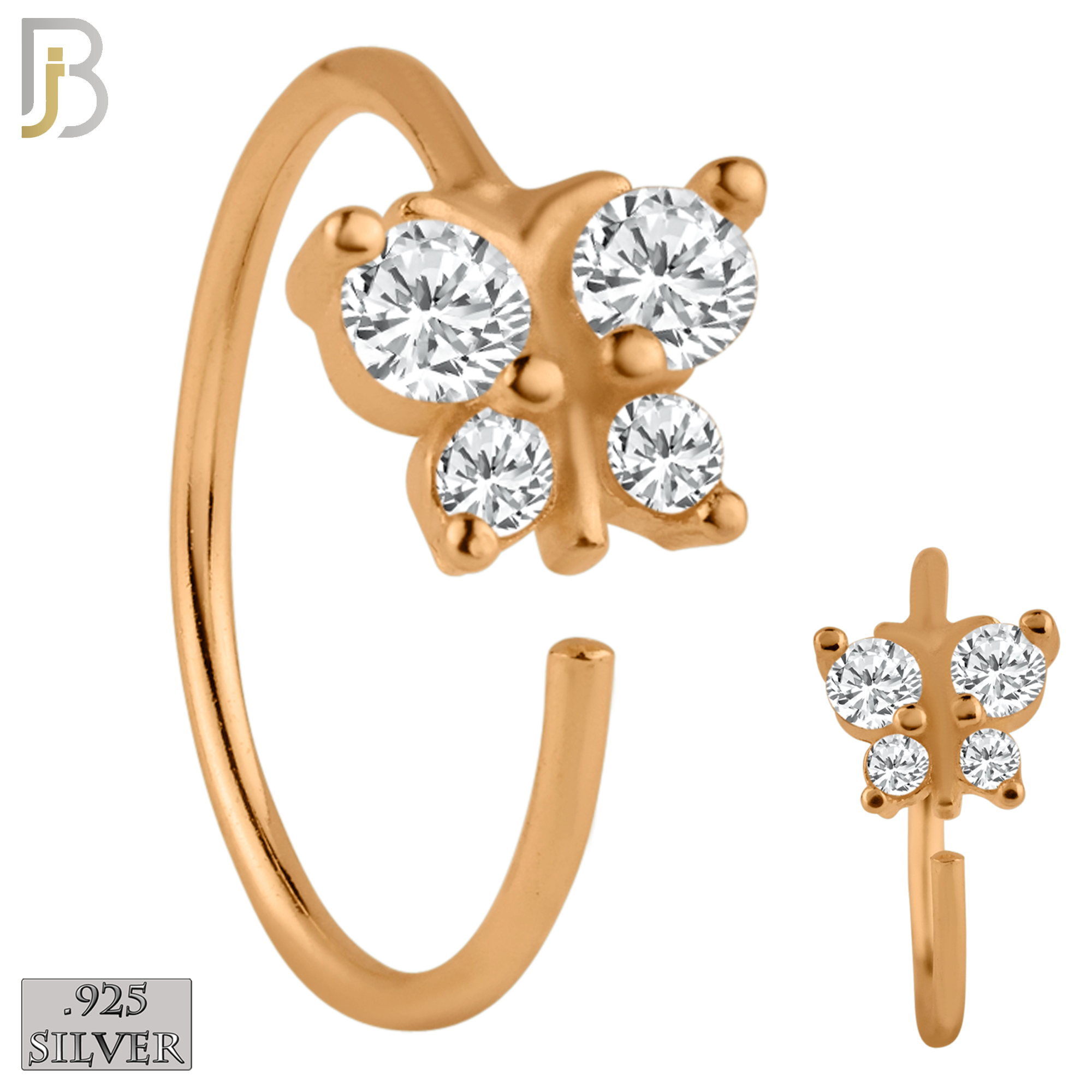 925-CT29 - 925 Sterling Silver Butterfly with CZ Design Nose Hoops 22g Thick 8mm wide (Pack of 6) image 2