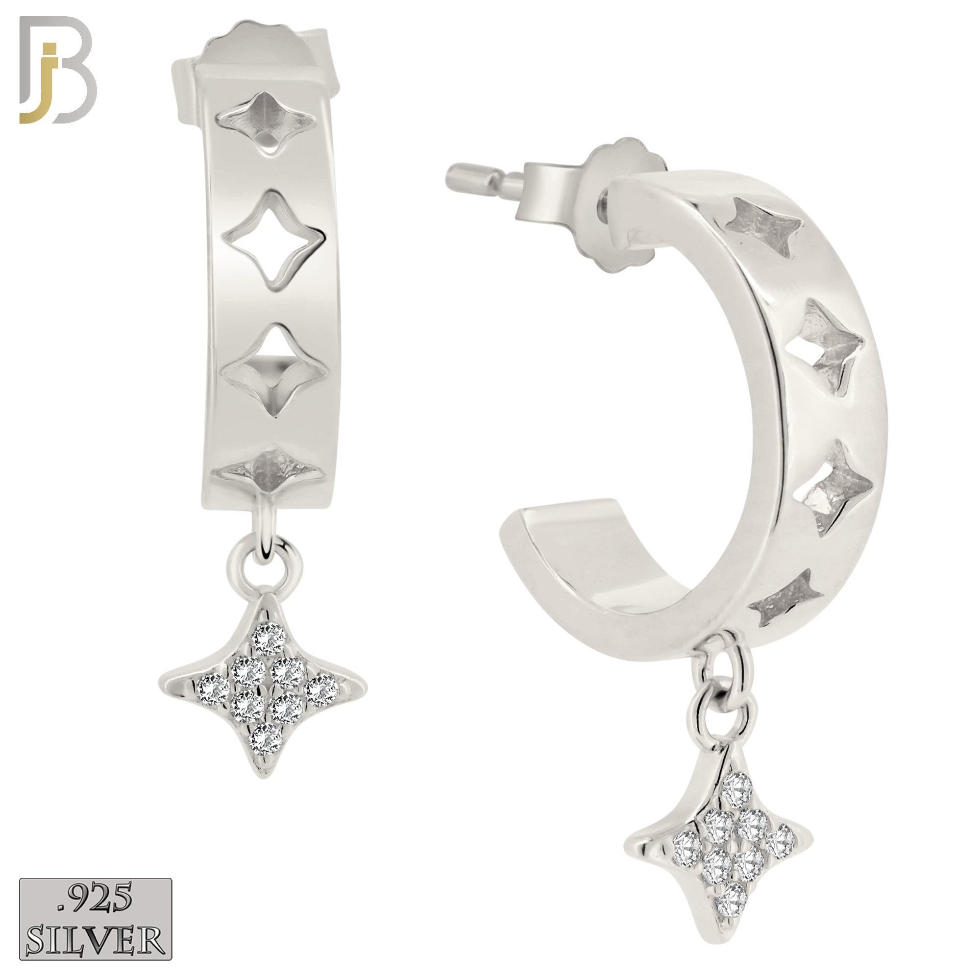 925-ES404 - .925 Sterling Silver Dangling CZ Studded Four Point Star Half Hoop Earrings image 0