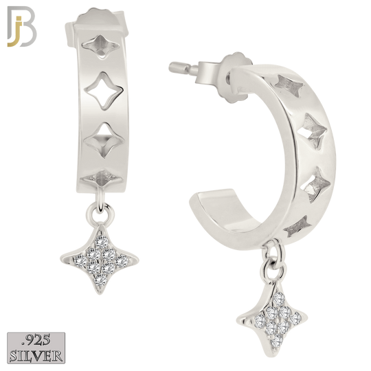 925-ES404 - .925 Sterling Silver Dangling CZ Studded Four Point Star Half Hoop Earrings image 0