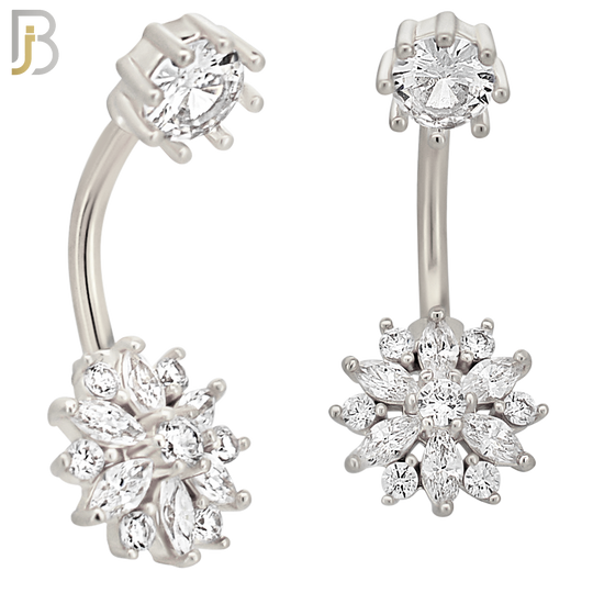 NB53 - 316L Stainless Steel Flower with Zircon Design Banana Belly Ring image 1