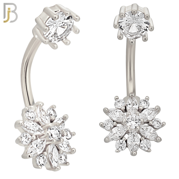 NB53 - 316L Stainless Steel Flower with Zircon Design Banana Belly Ring image 1