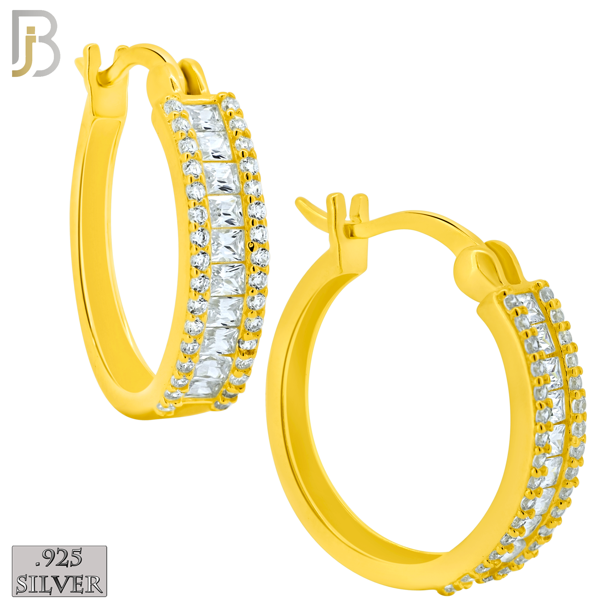 925-ES397 - .925 Sterling Silver Baguette CZ Studded Hoop Earrings image 1