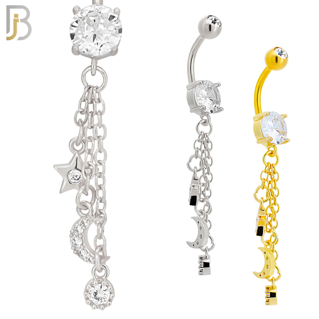 N0124  - 316L Stainless Steel Dangling Star and Moon Drop with 5mm Screw Ball image 0