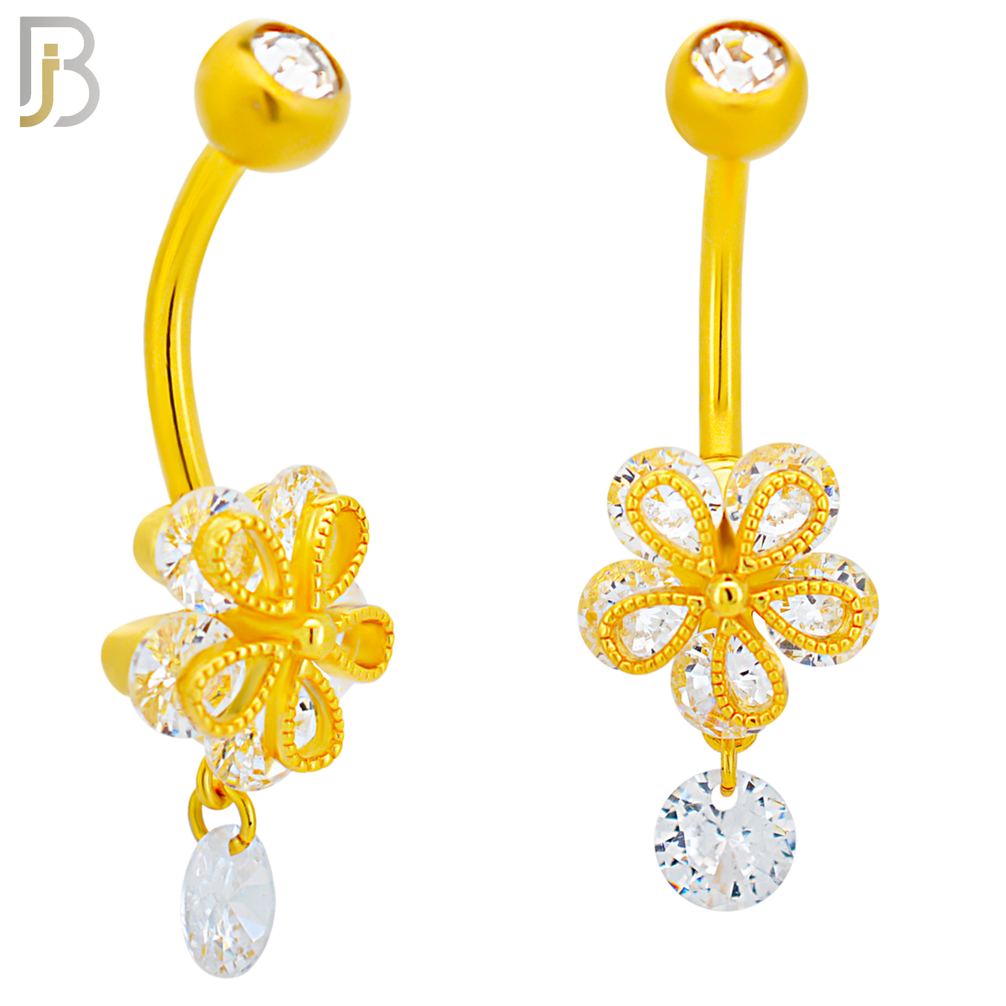 NB91 - 316L Stainless Steel Flower with Dangle CZ  Design CZ Banana Belly Ring and 5mm Screw Top image 2