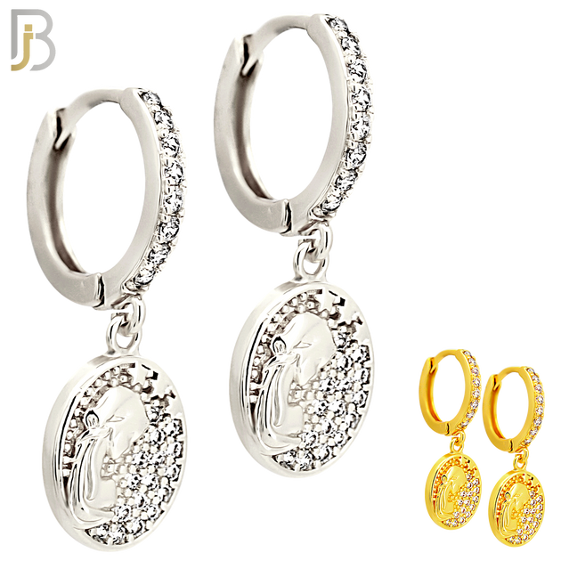 ES504 - 316L Stainless Steel Dangling Oval Praying Mary Huggies Earrings image 0