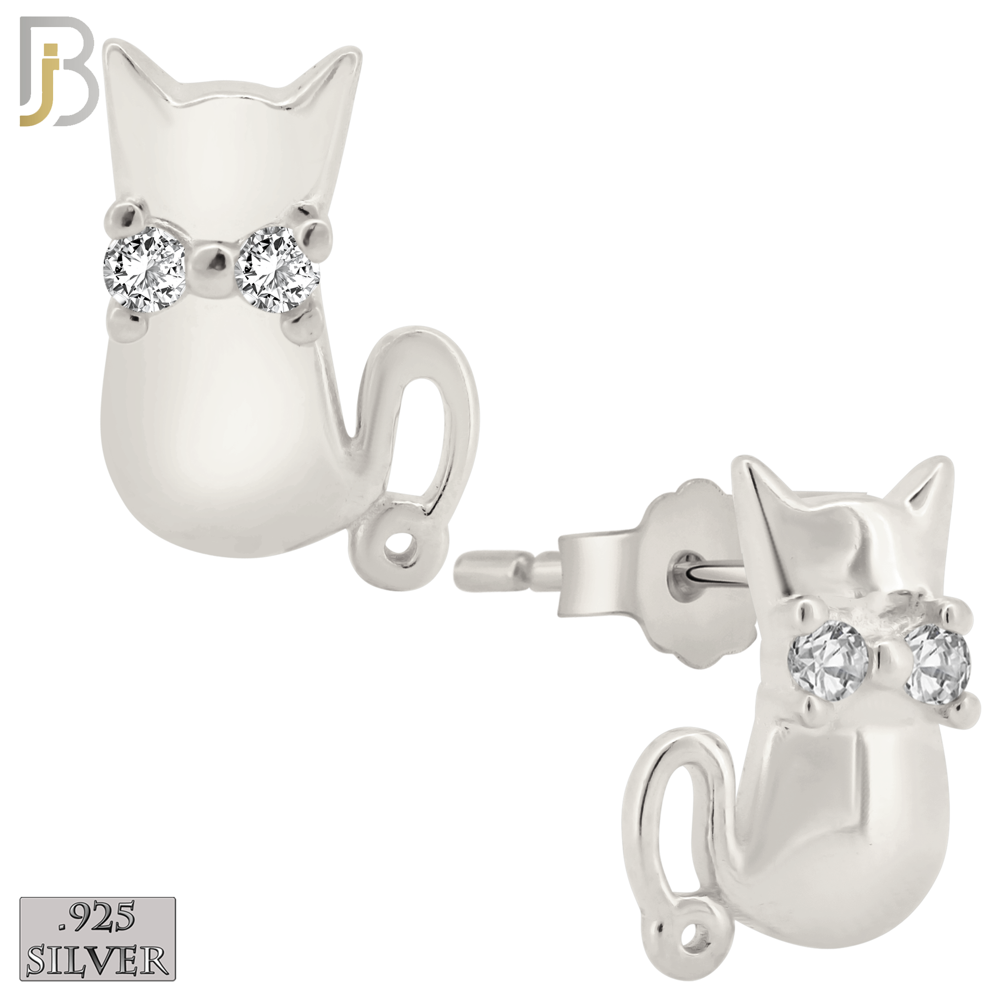 925-ES202 - Push Back - .925 Sterling Silver Cat Design Earring Stud with Clear Zircon image 1