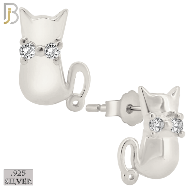 925-ES202 - Push Back - .925 Sterling Silver Cat Design Earring Stud with Clear Zircon image 1