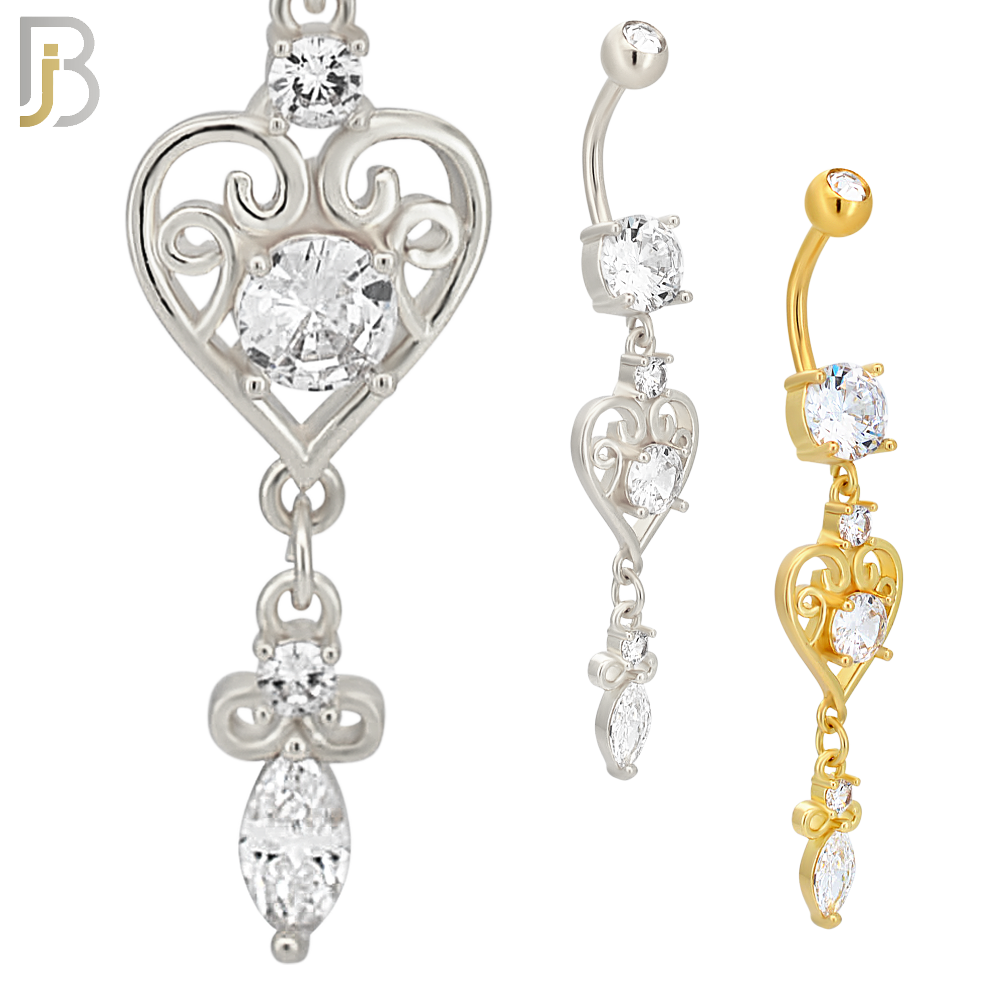 N0100  - 316L Stainless Steel Round Zircon with Dangling Ornate Heart with Zircon Belly Ring image 0