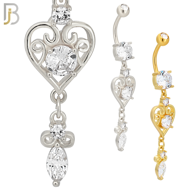N0100  - 316L Stainless Steel Round Zircon with Dangling Ornate Heart with Zircon Belly Ring image 0