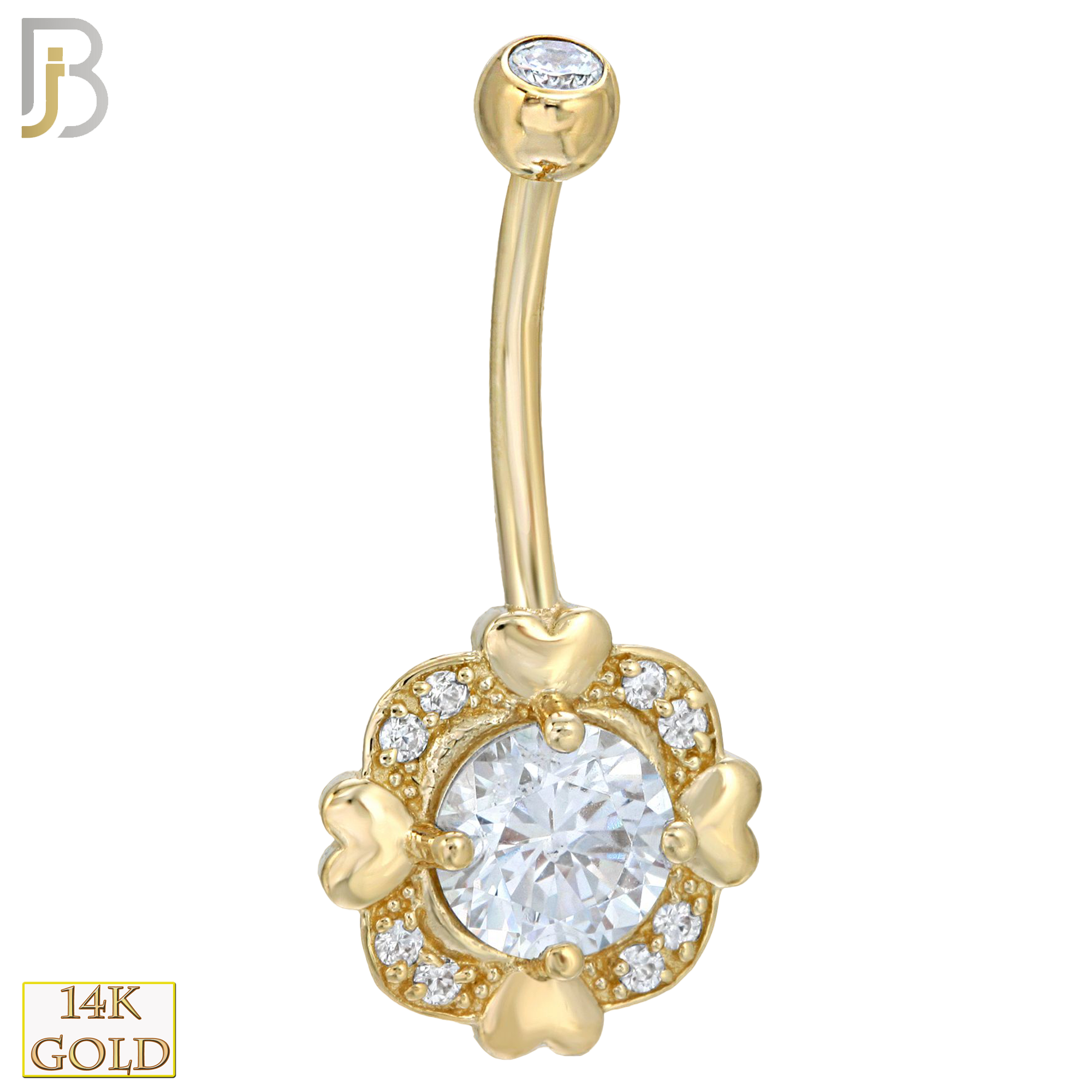 14-NB04 - 14k Solid Gold Banana Belly Ring with 4 Heart Square image 0