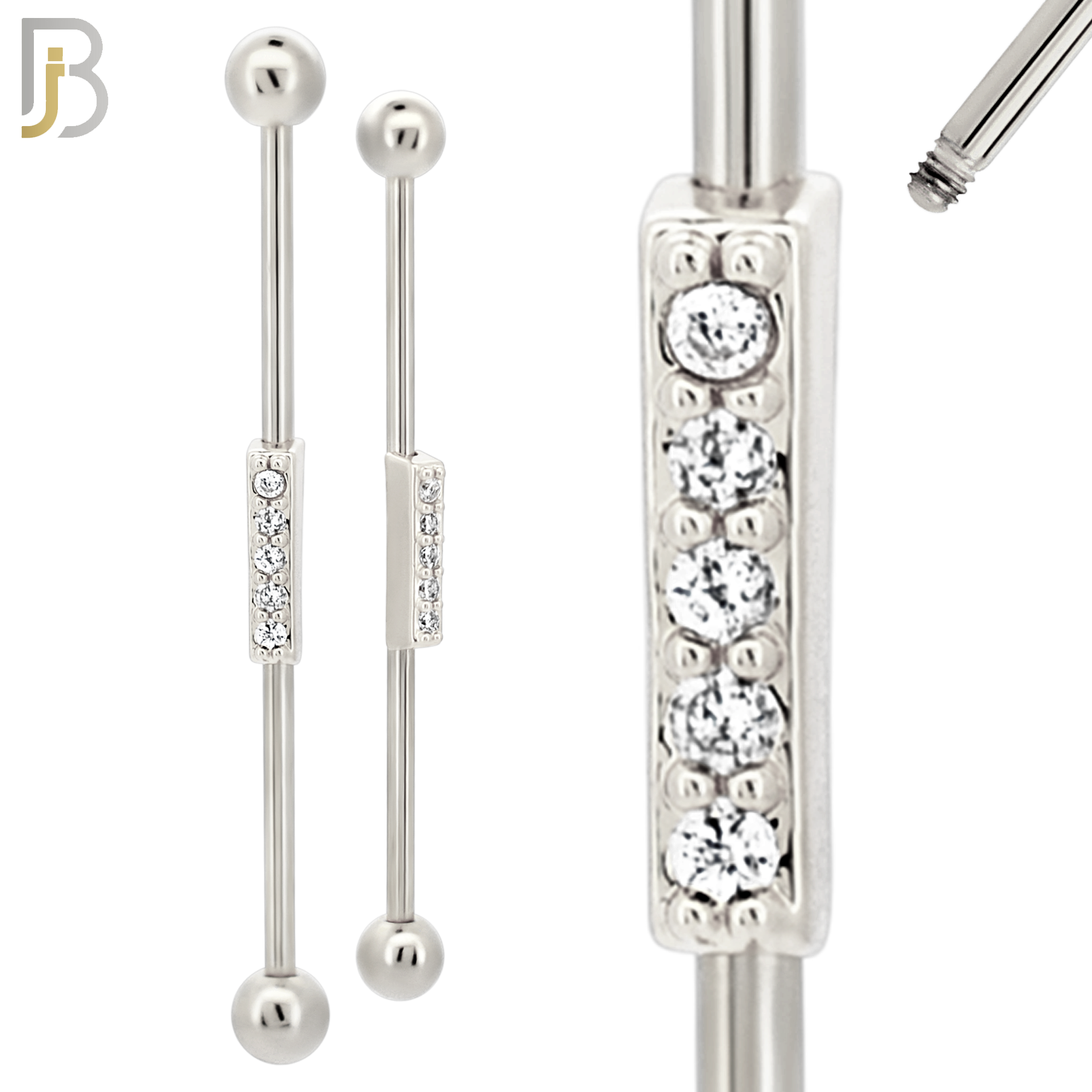 BB33 - 316L Surgical Steel Screw Bar with Brass Rectangle 5 CZ Design Barbell Industrial (PACK OF 4) image 1