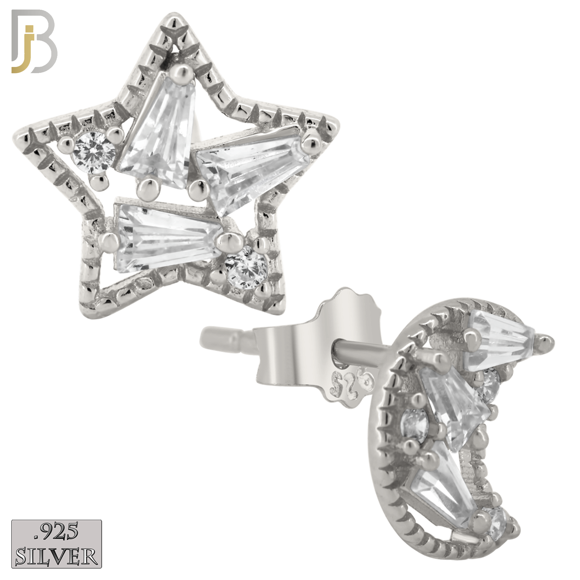 925-ES362 - 925 Sterling Silver Star and Moon with CZ Mismatched Stud Earrings image 1