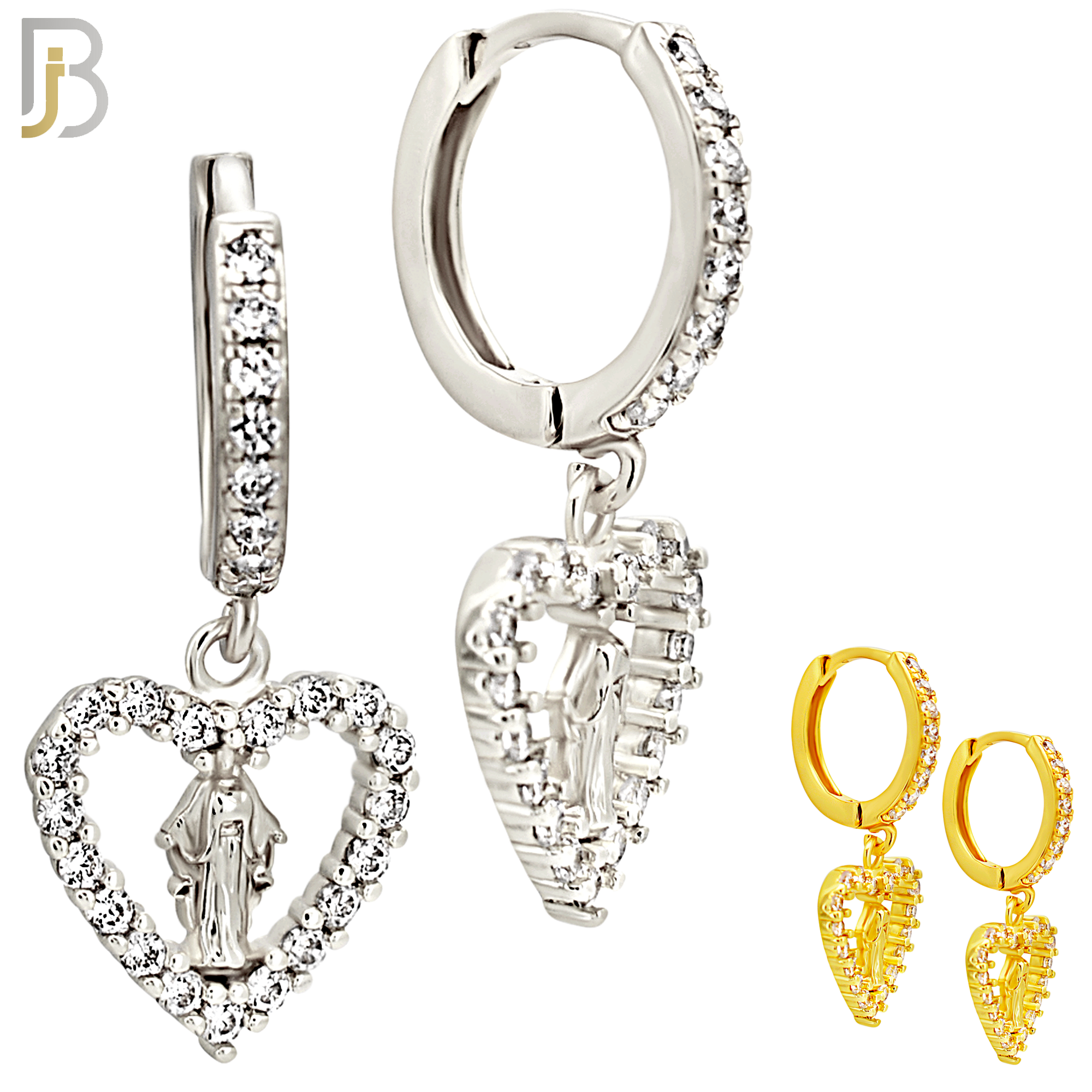 ES509 - 316L Stainless Steel Dangling Virgin Mary Studded Hollow Heart Huggies Earrings image 0