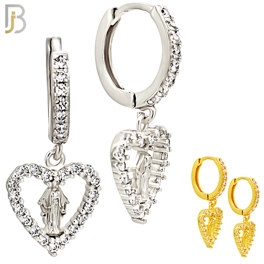 ES509 - 316L Stainless Steel Dangling Virgin Mary Studded Hollow Heart Huggies Earrings image 0