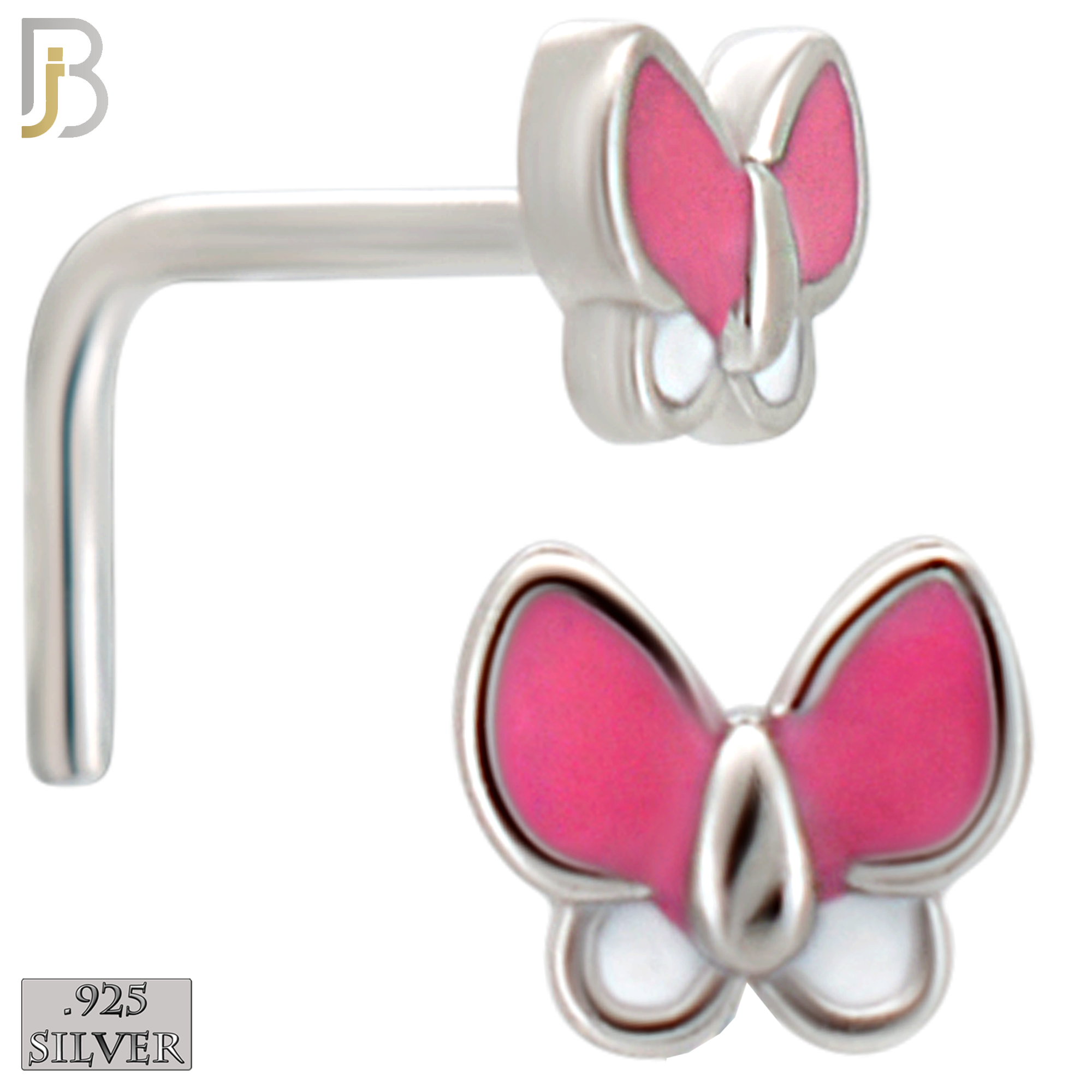 925-NR123LSP - 925 Silver Nose L Shape Butterfly Shape with Pink\White Enamel - Pack of 6 image 0