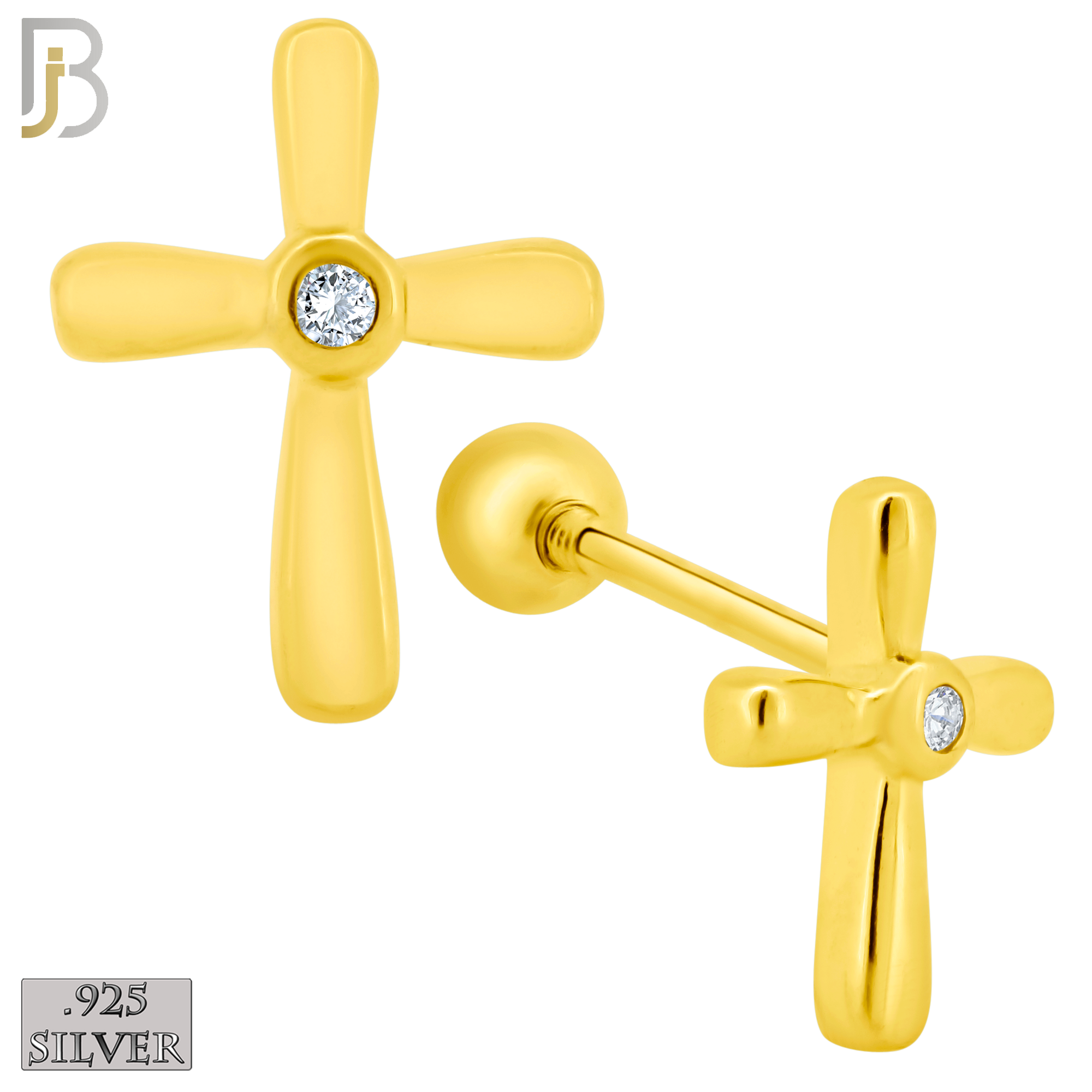 925-ES67 - Screw Ball Back - .925 Sterling Silver Cross Design Bezel Zircon Earring Stud image 2