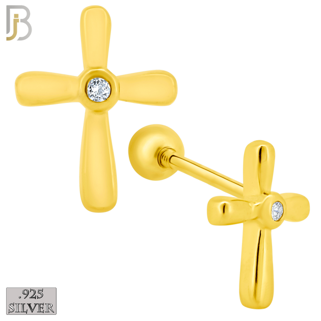 925-ES67 - Screw Ball Back - .925 Sterling Silver Cross Design Bezel Zircon Earring Stud image 2