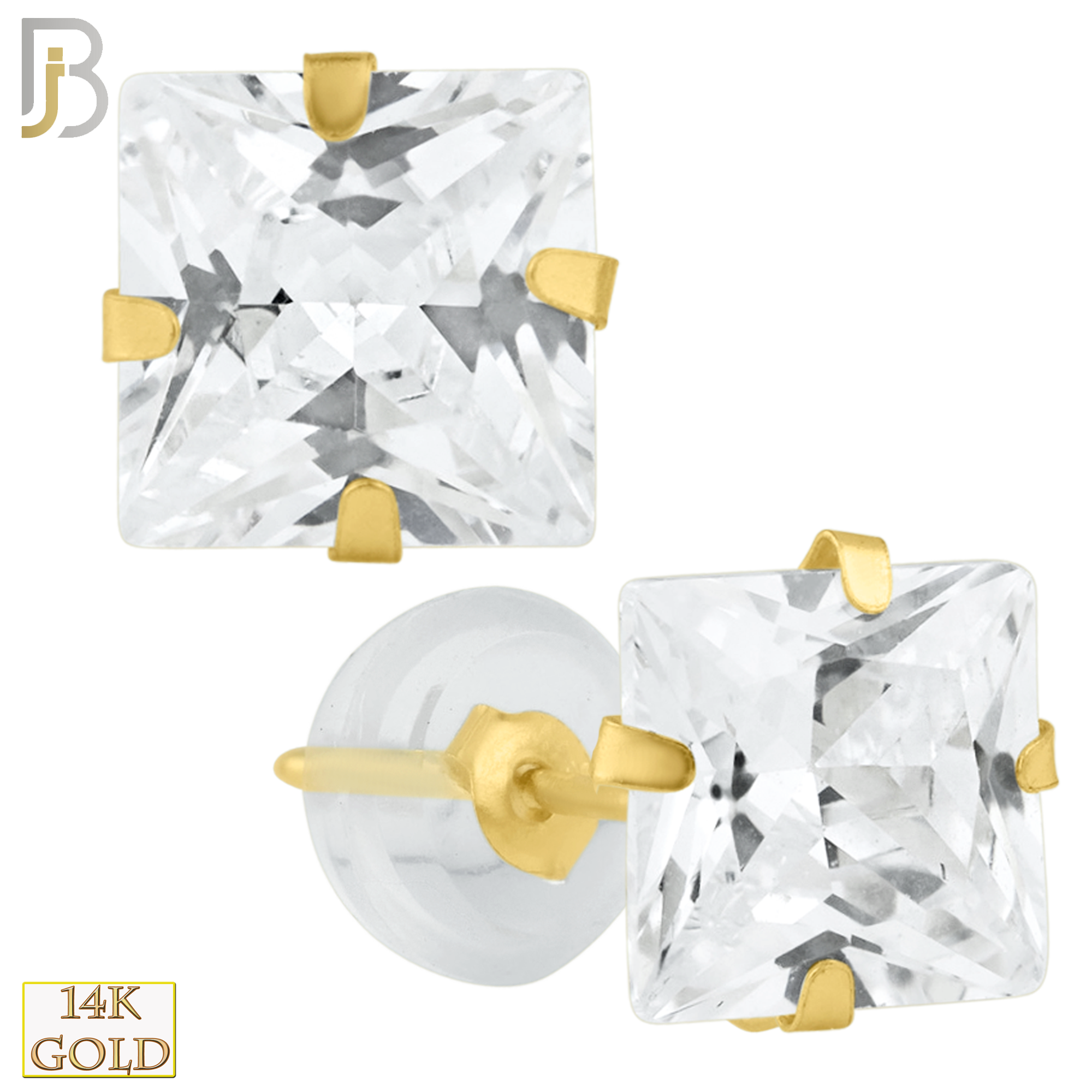 14-ES09YC - 14k Yellow Gold Silicone Back Stud Earrings Stamping Prong Setting with Square Clear Zircon image 1