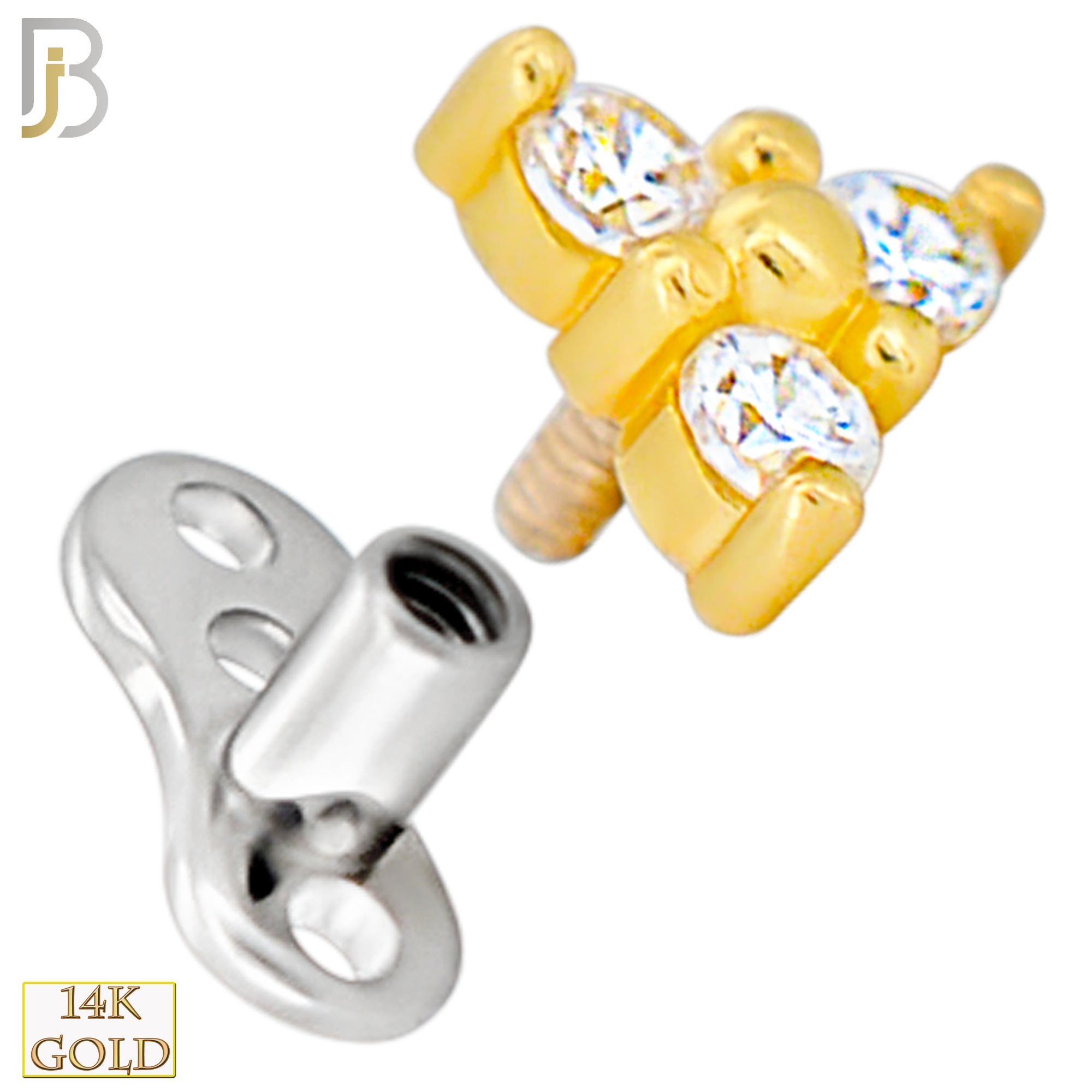 14-G23-DM19 - 14k Titanium Anchor and 14k Gold Top Three CZ in Prong Setting Dermal - Internally Threaded image 1