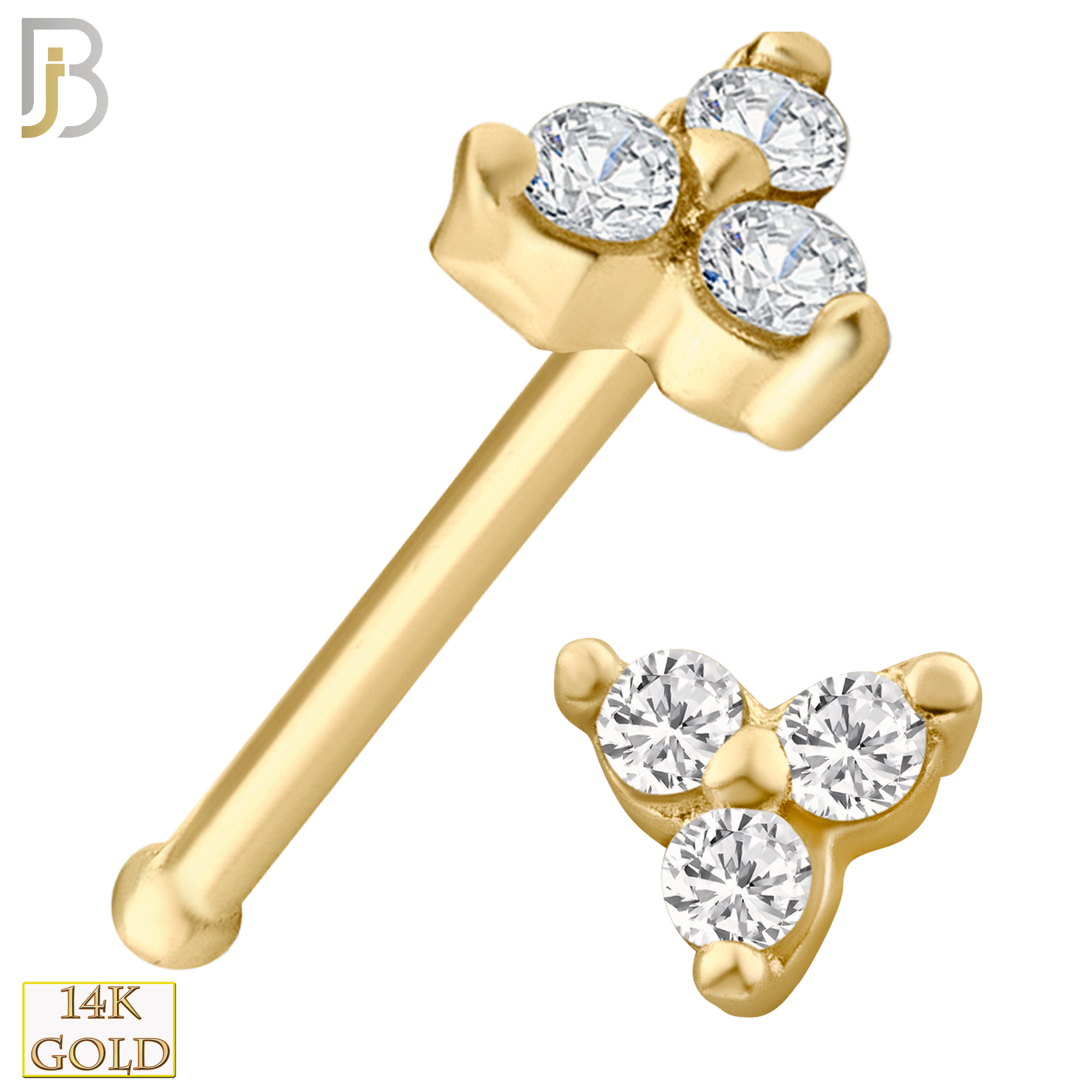 14-NR20BYD - 14k Yellow Gold Prong Setting Three Stone Triangle Shape Nose Bone with SI1 Diamonds - 3.3mm image